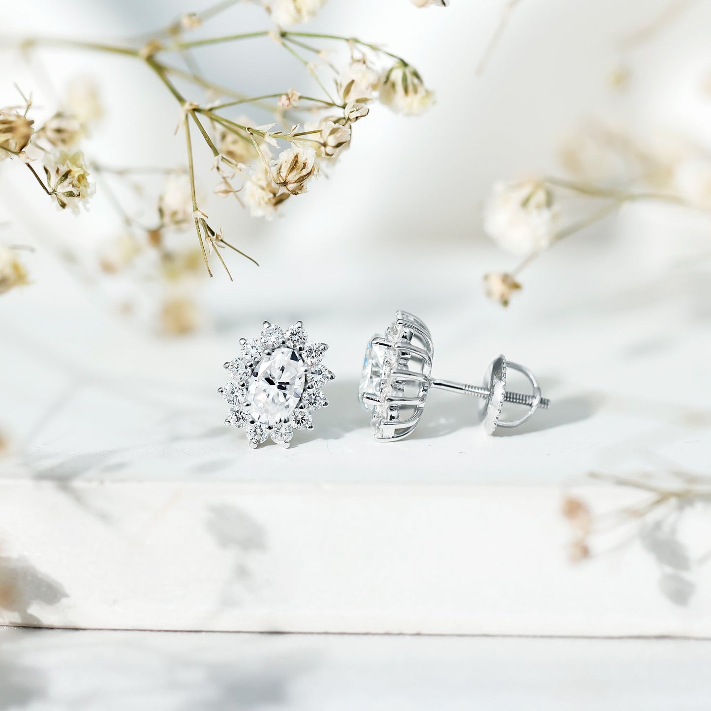 Certified Oval Shaped Moissanite Halo Stud Earrings in Silver