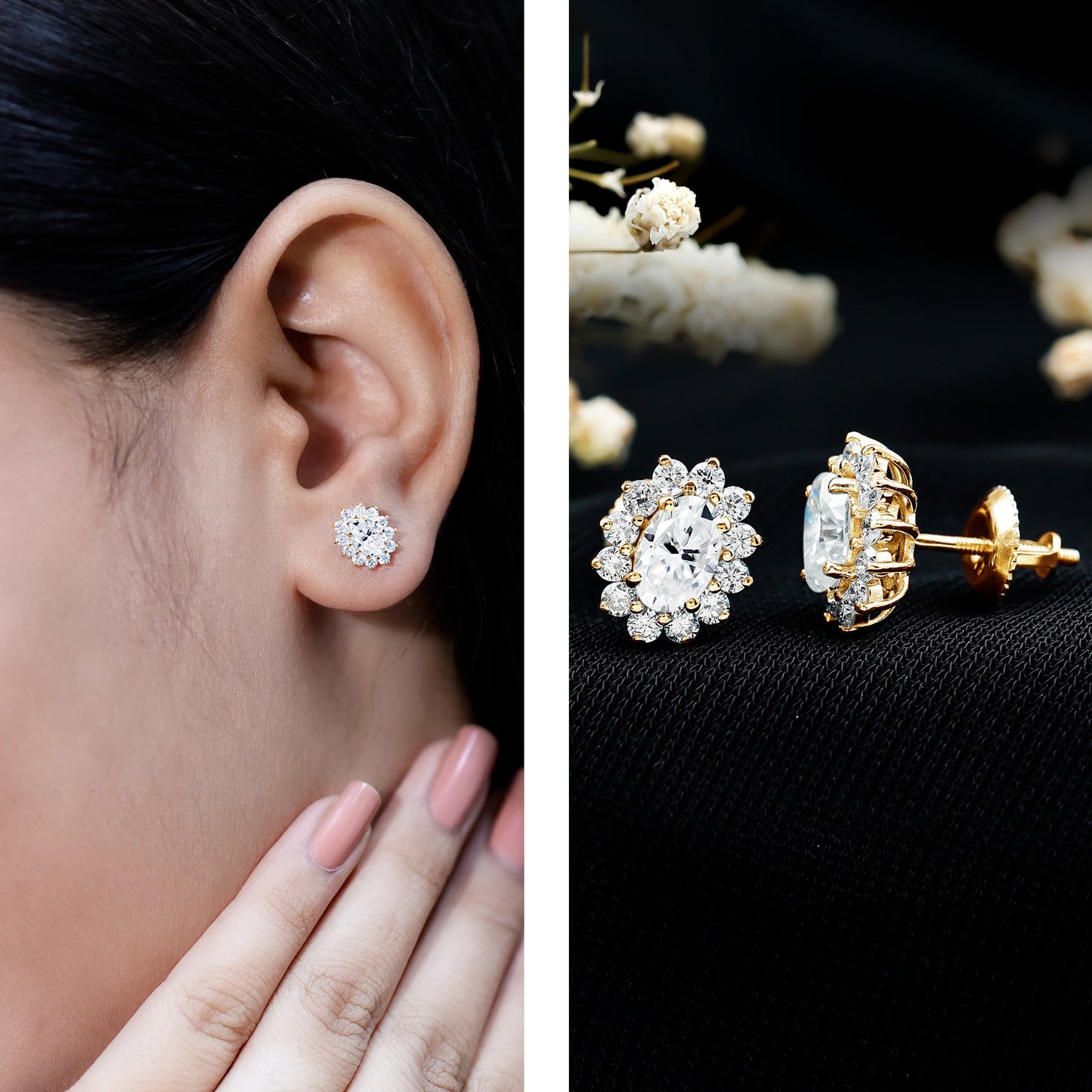 Certified Moissanite Oval Stud Earrings with Halo