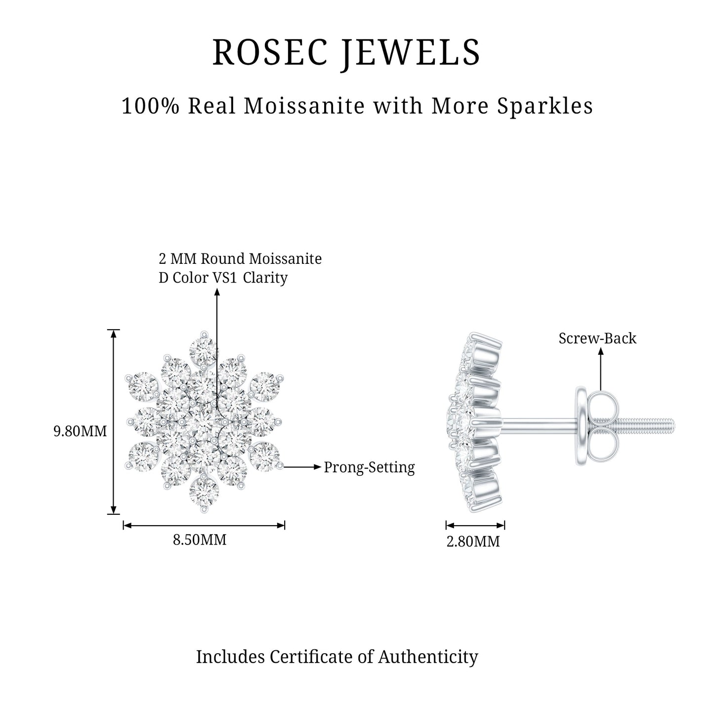 Certified Moissanite Cluster Stud Earrings for Women
