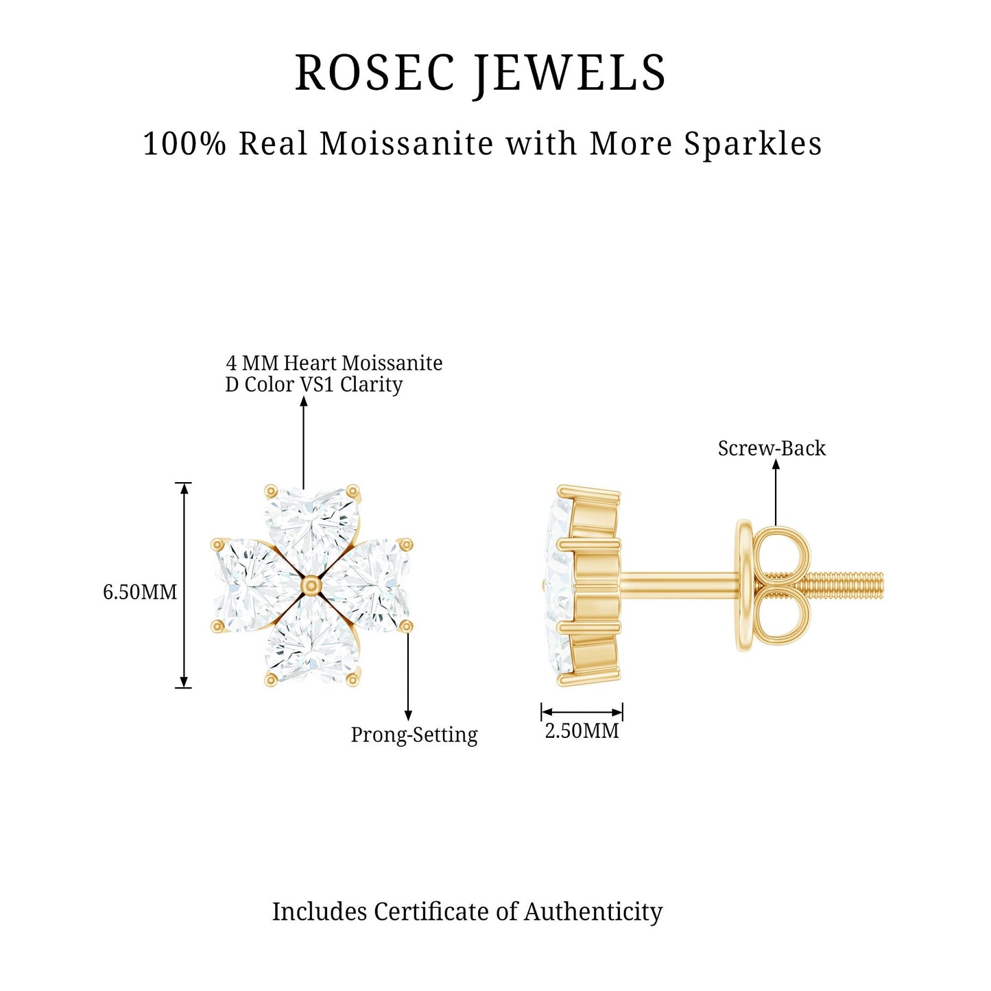 Certified Heart Shape Moissanite Flower Stud Earrings