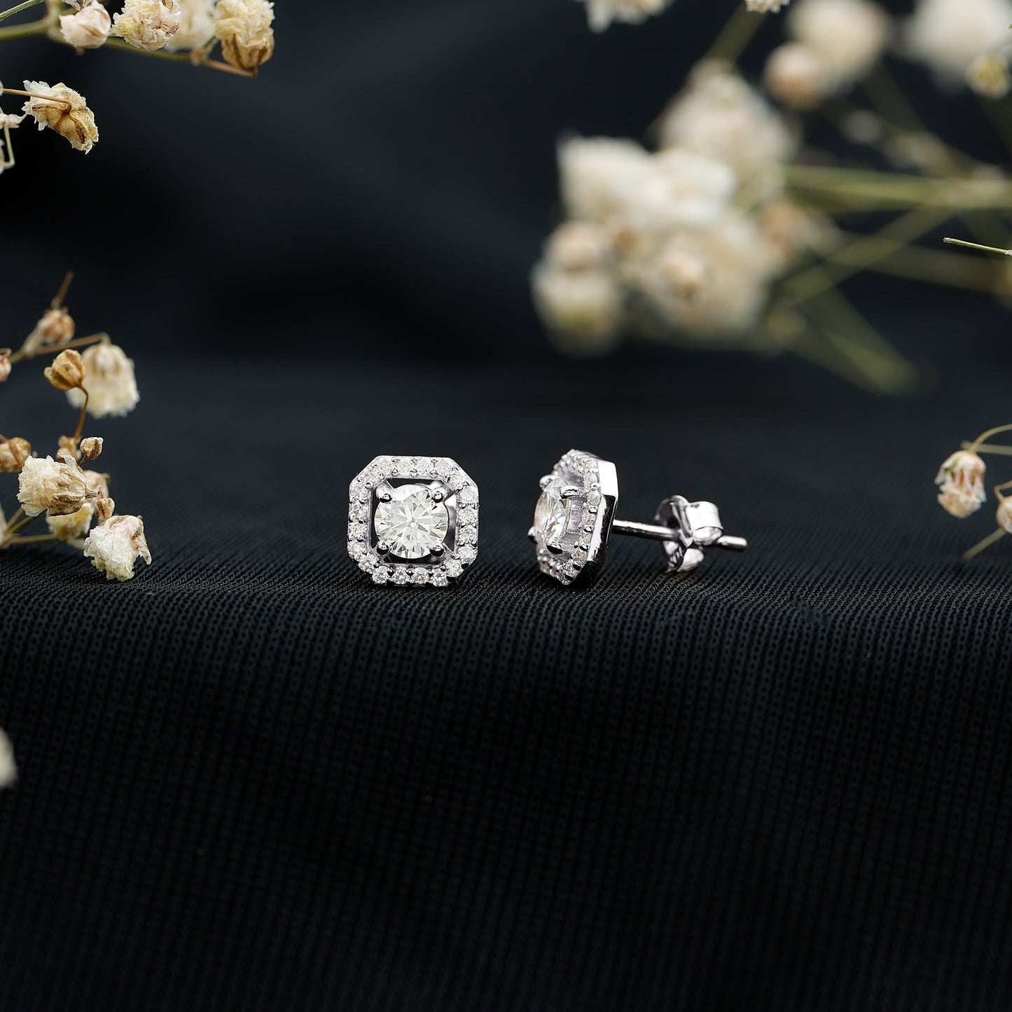 Round Cut Certified Moissanite Halo Stud Earrings with Screw Back