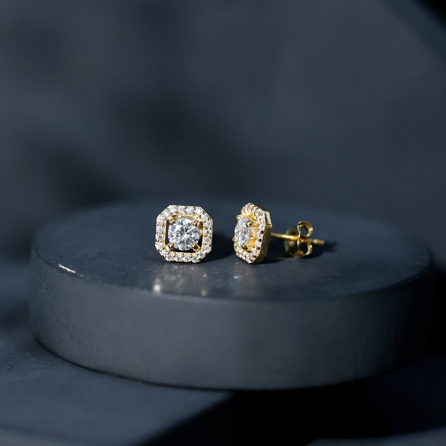 Round Cut Certified Moissanite Halo Stud Earrings with Screw Back