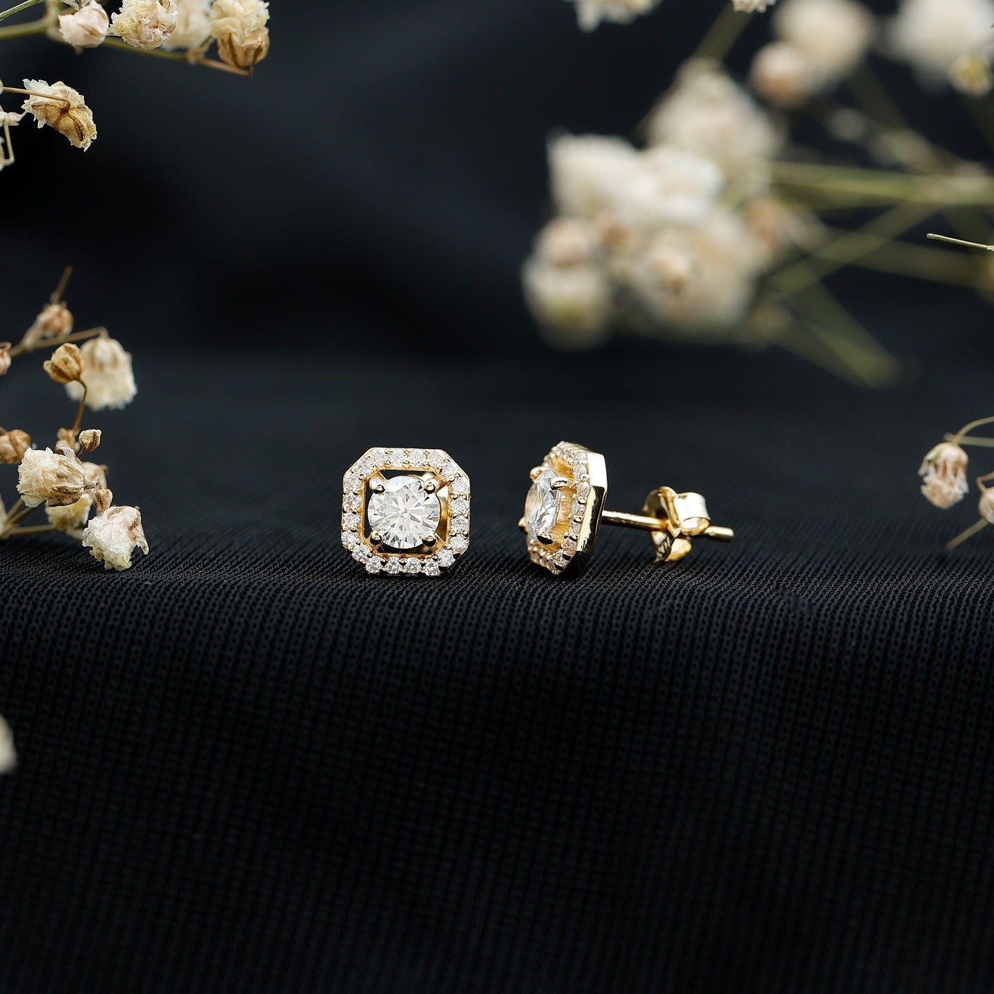Round Cut Certified Moissanite Halo Stud Earrings with Screw Back