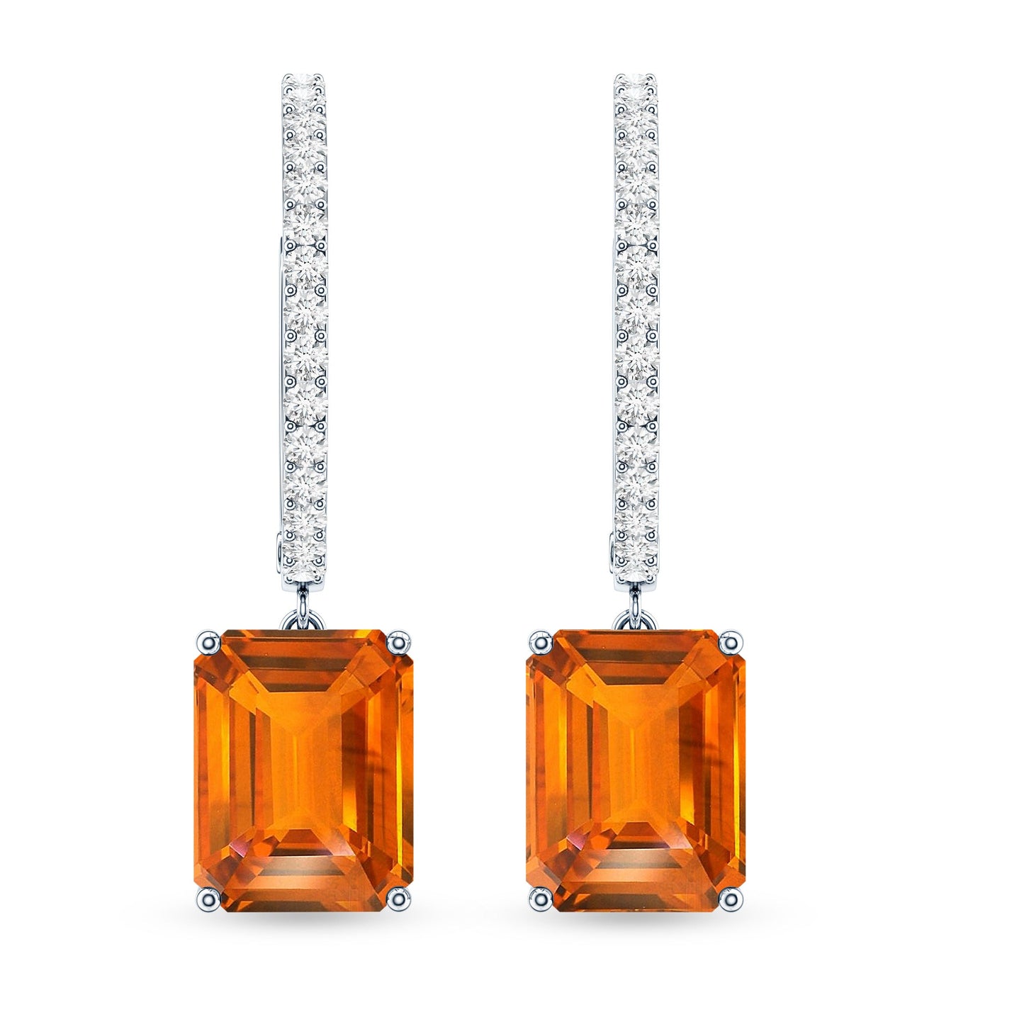 Emerald Cut Lab Grown Orange Sapphire Drop Hoop Earrings with Diamond