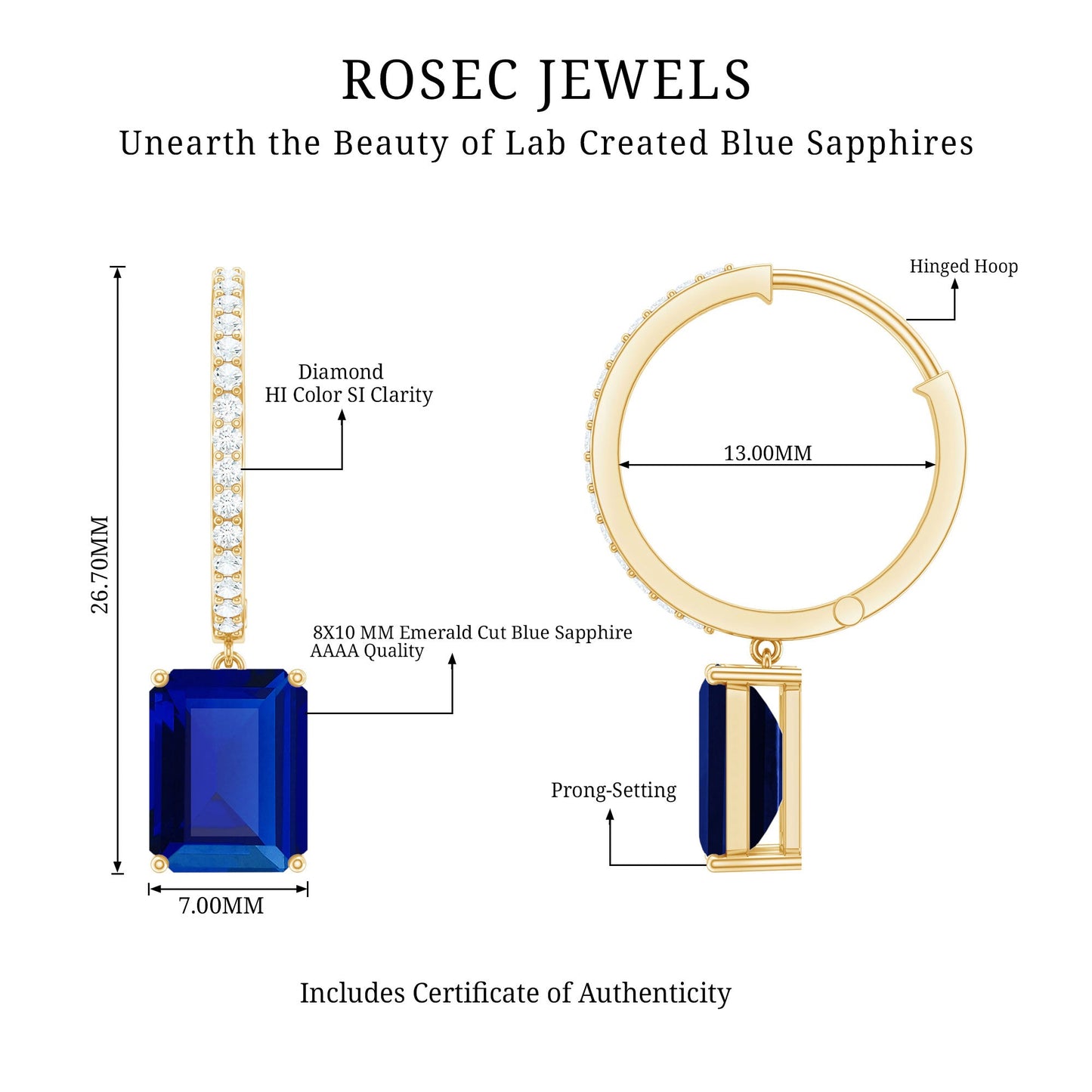 Emerald Cut Lab Created Blue Sapphire and Diamond Hoop Drop Earrings