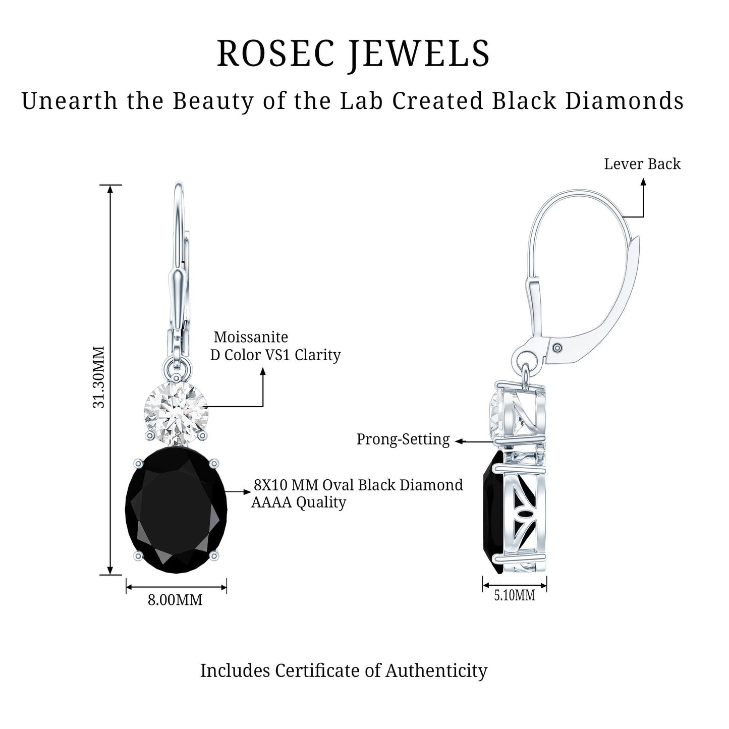 8 Carat Oval Lab Grown Black Diamond Drop Earrings in Silver