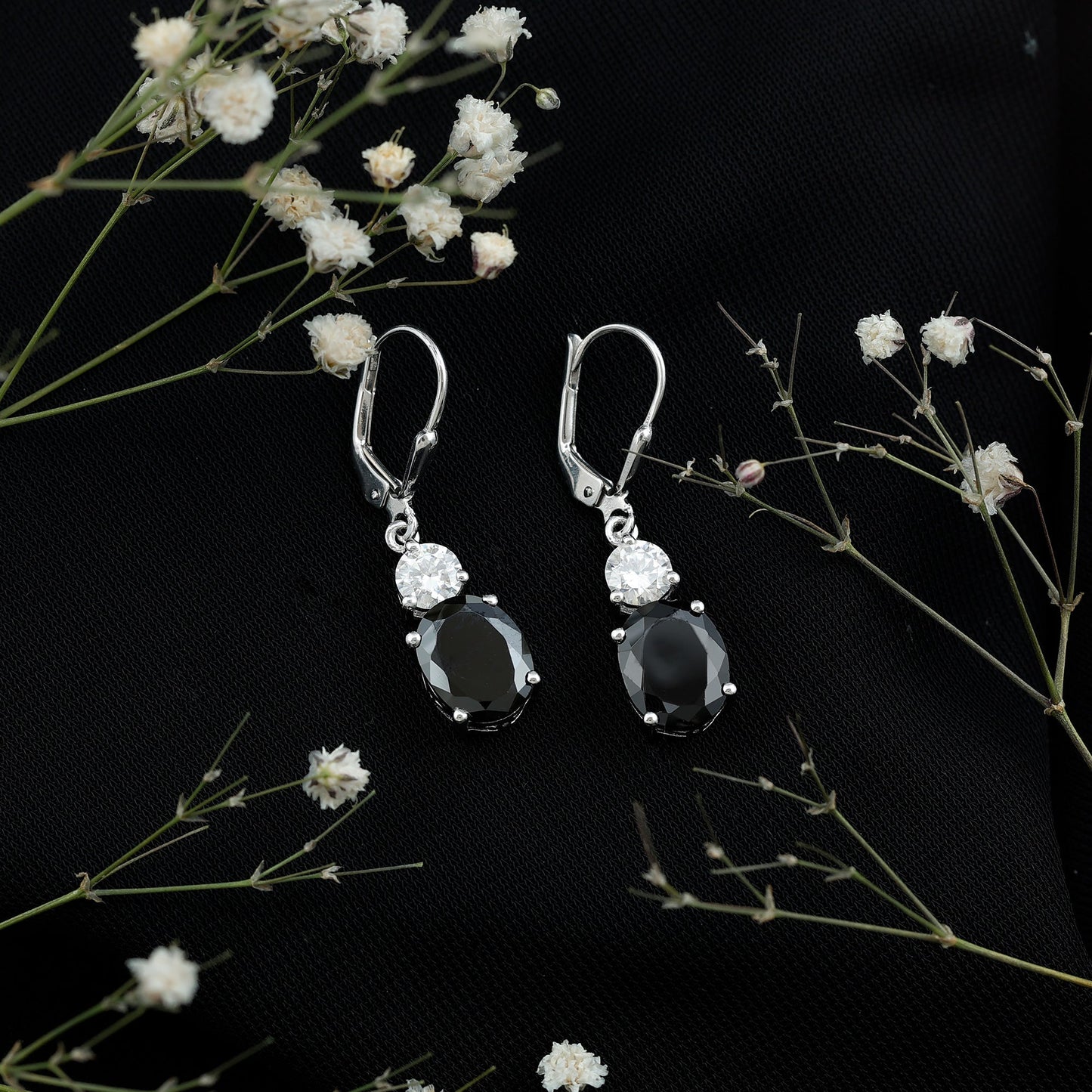 8 Carat Oval Lab Grown Black Diamond Drop Earrings in Silver