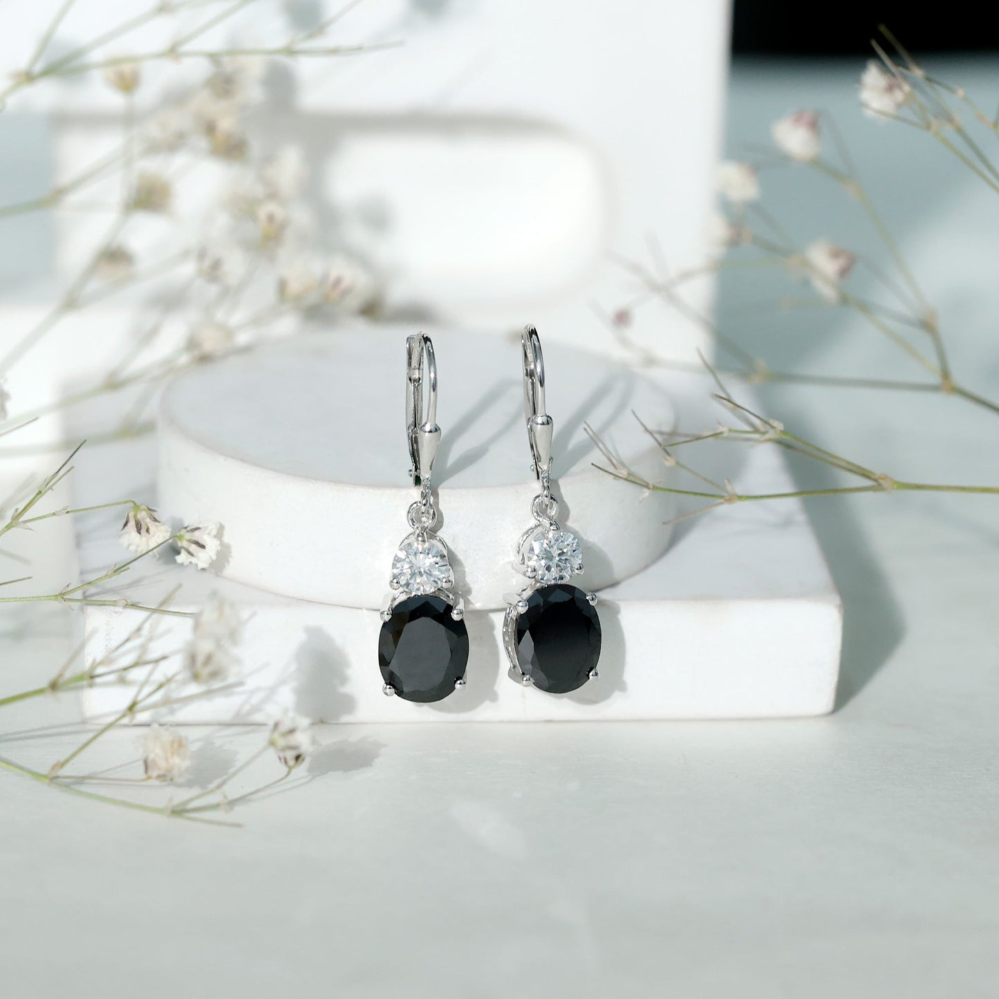 8 Carat Oval Lab Grown Black Diamond Drop Earrings in Silver