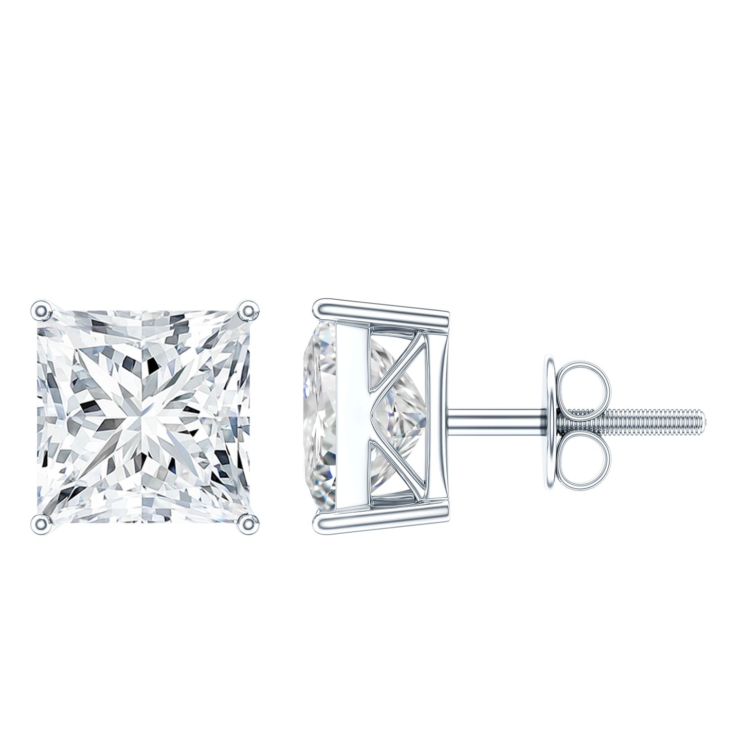 6 Carat Princess Cut Cubic Zirconia Solitaire Stud Earrings in Silver