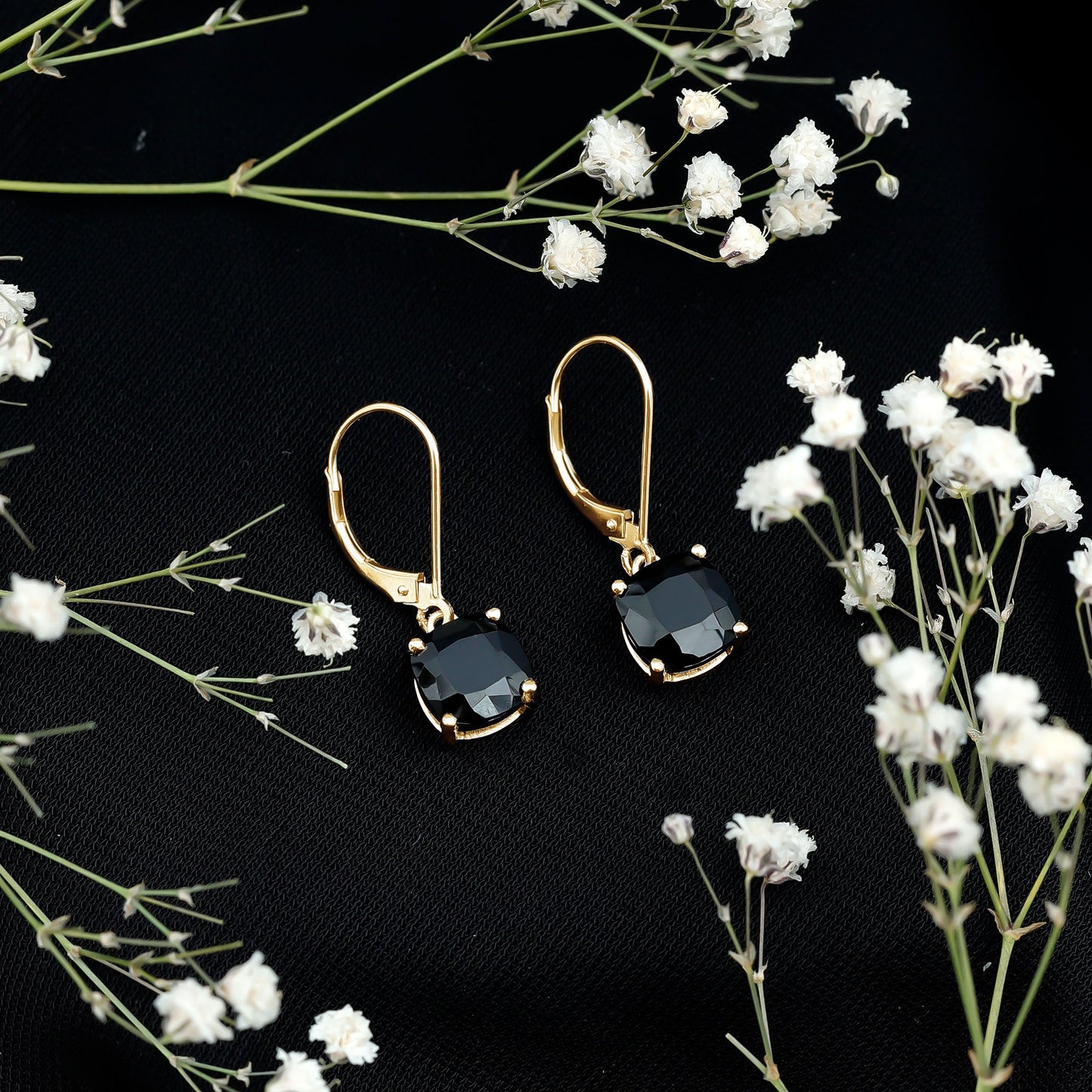 Genuine 4.2 Carat Cushion Cut Black Spinel Drop Earrings Lever Back