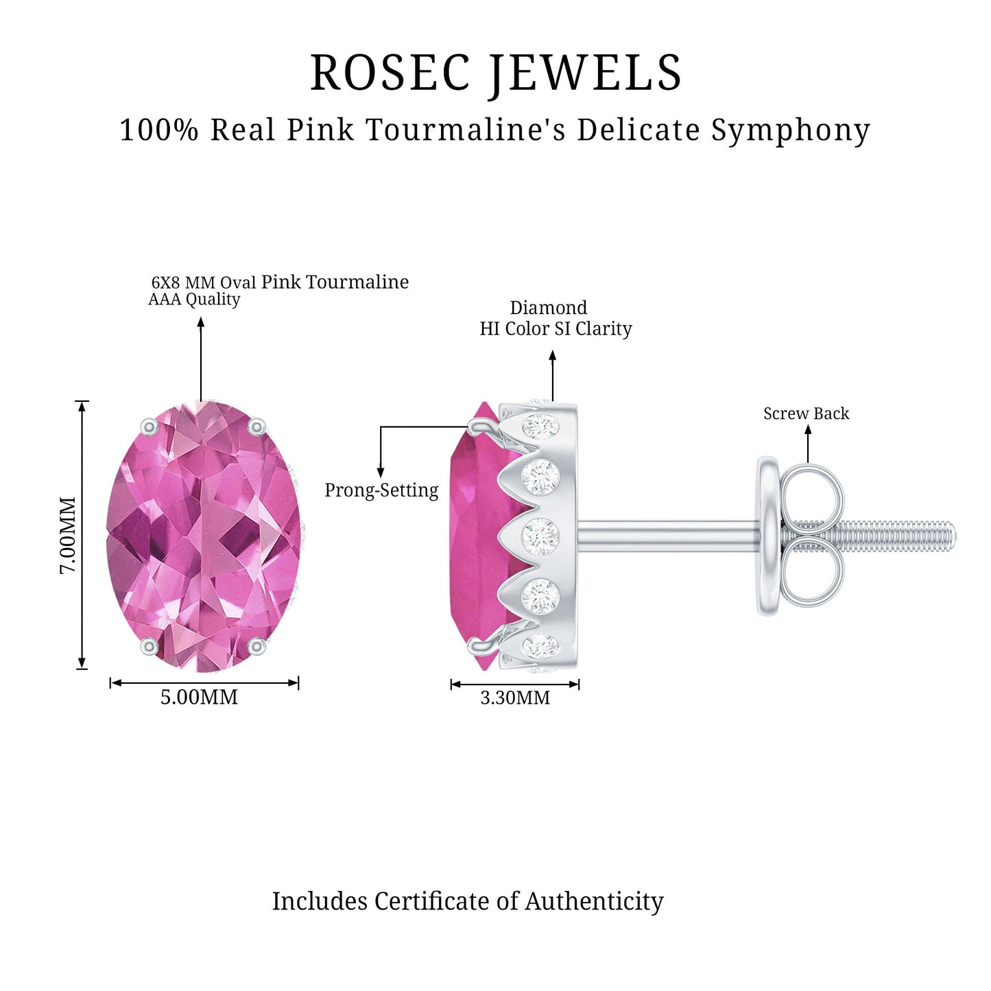 Real 2.2 Carat Oval Pink Tourmaline Stud Earrings with Diamond