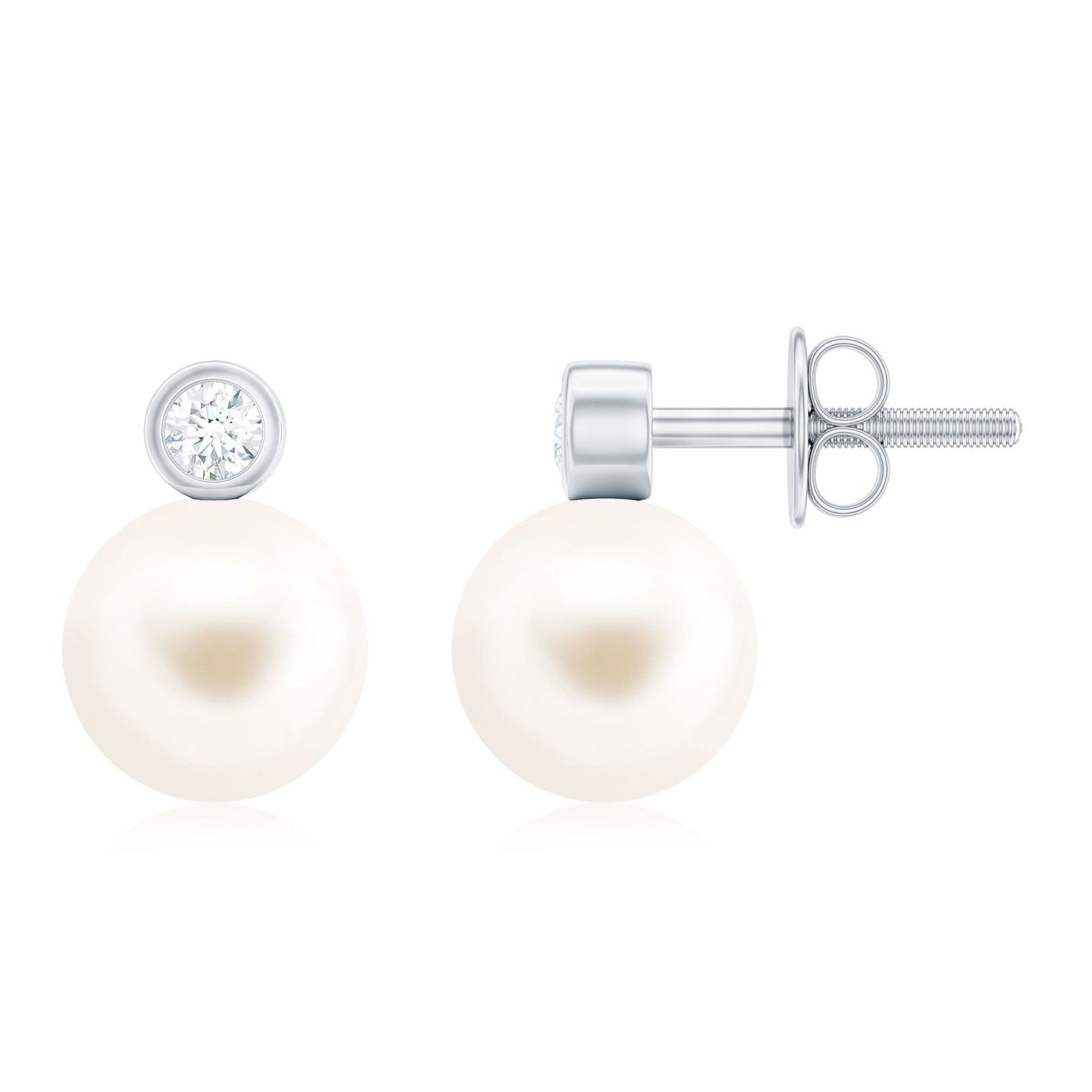 Genuine Freshwater Pearl Diamond Stud Earrings with Screw Back