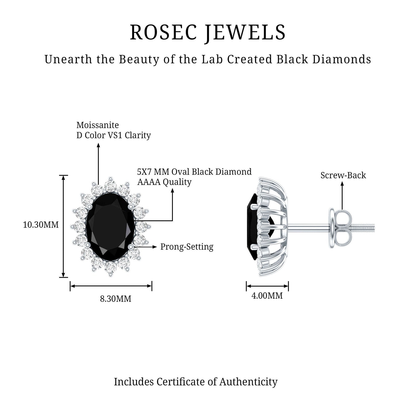 Certified 2.6 Carat Lab Grown Black Diamond Stud Earrings With Screw Back