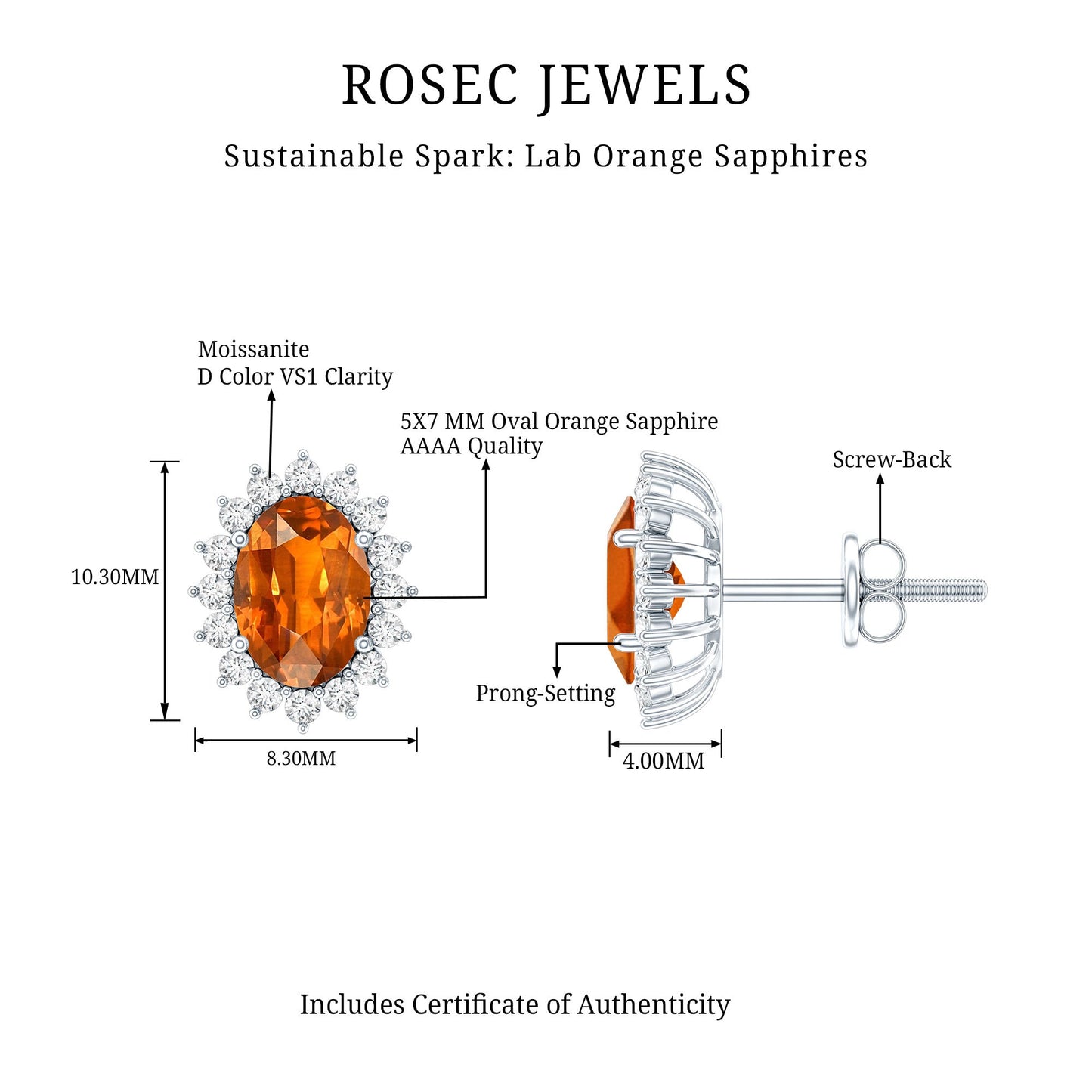 Lab Created 2 Carat Orange Sapphire Stud Earrings with Moissanite Halo