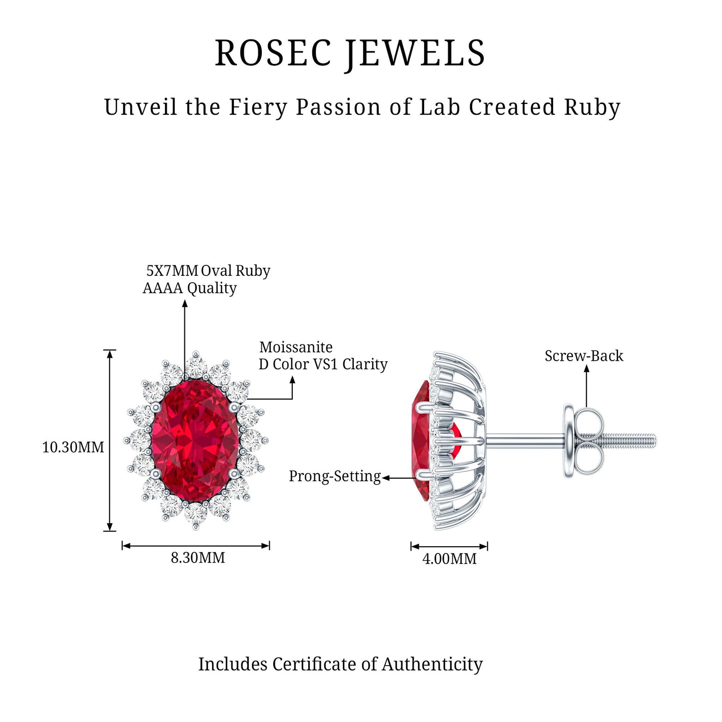 2 Carat Oval Cut Lab Grown Ruby Stud Earrings with Moissanite Halo