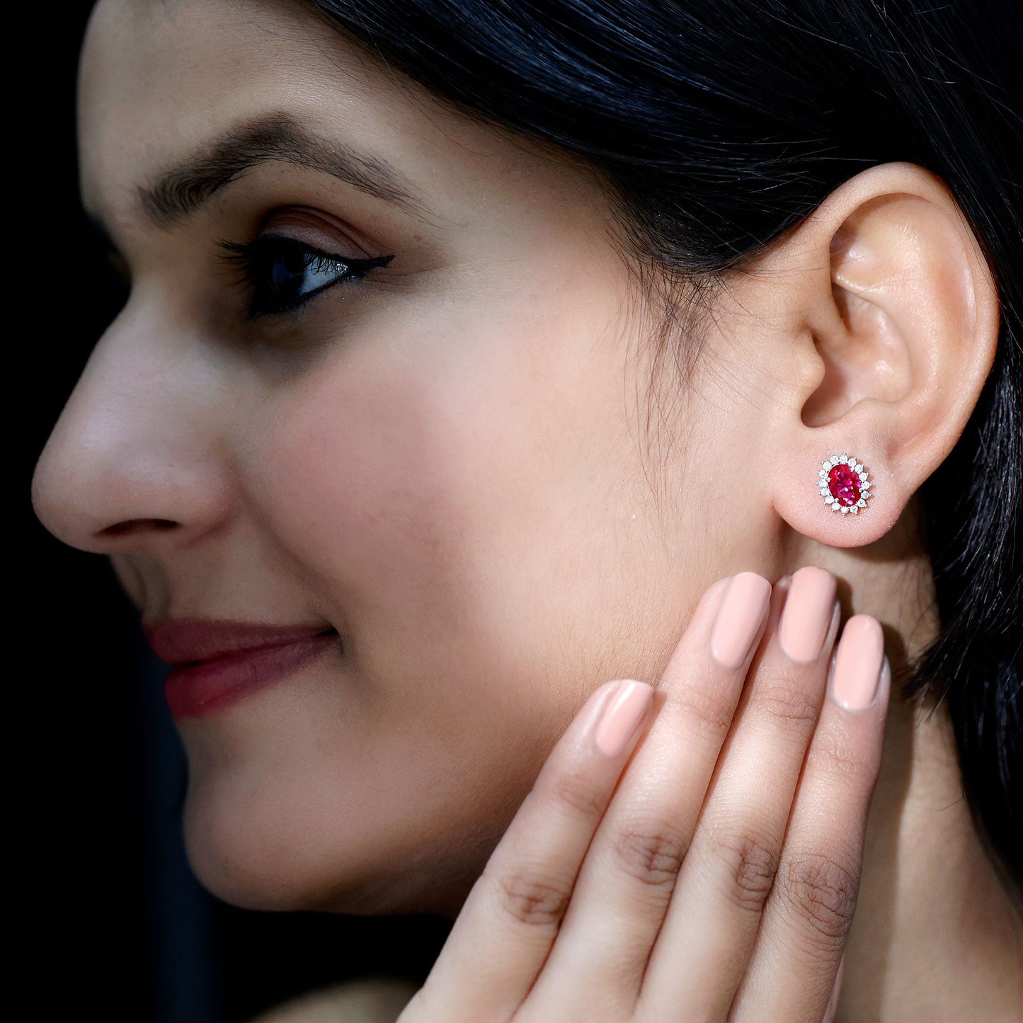 2 Carat Oval Cut Lab Grown Ruby Stud Earrings with Moissanite Halo