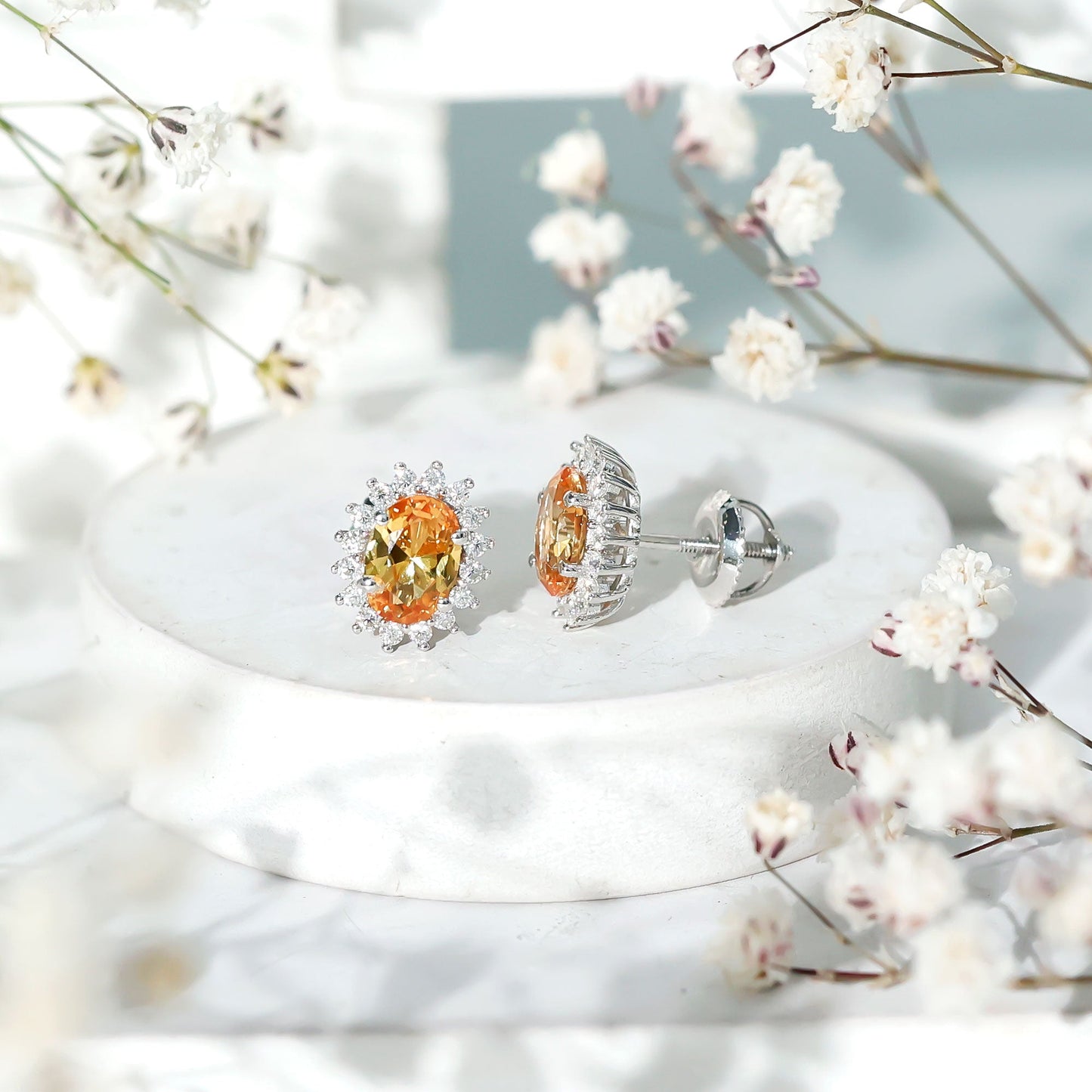 2 Carat Lab Grown Yellow Sapphire Stud Earrings with Halo