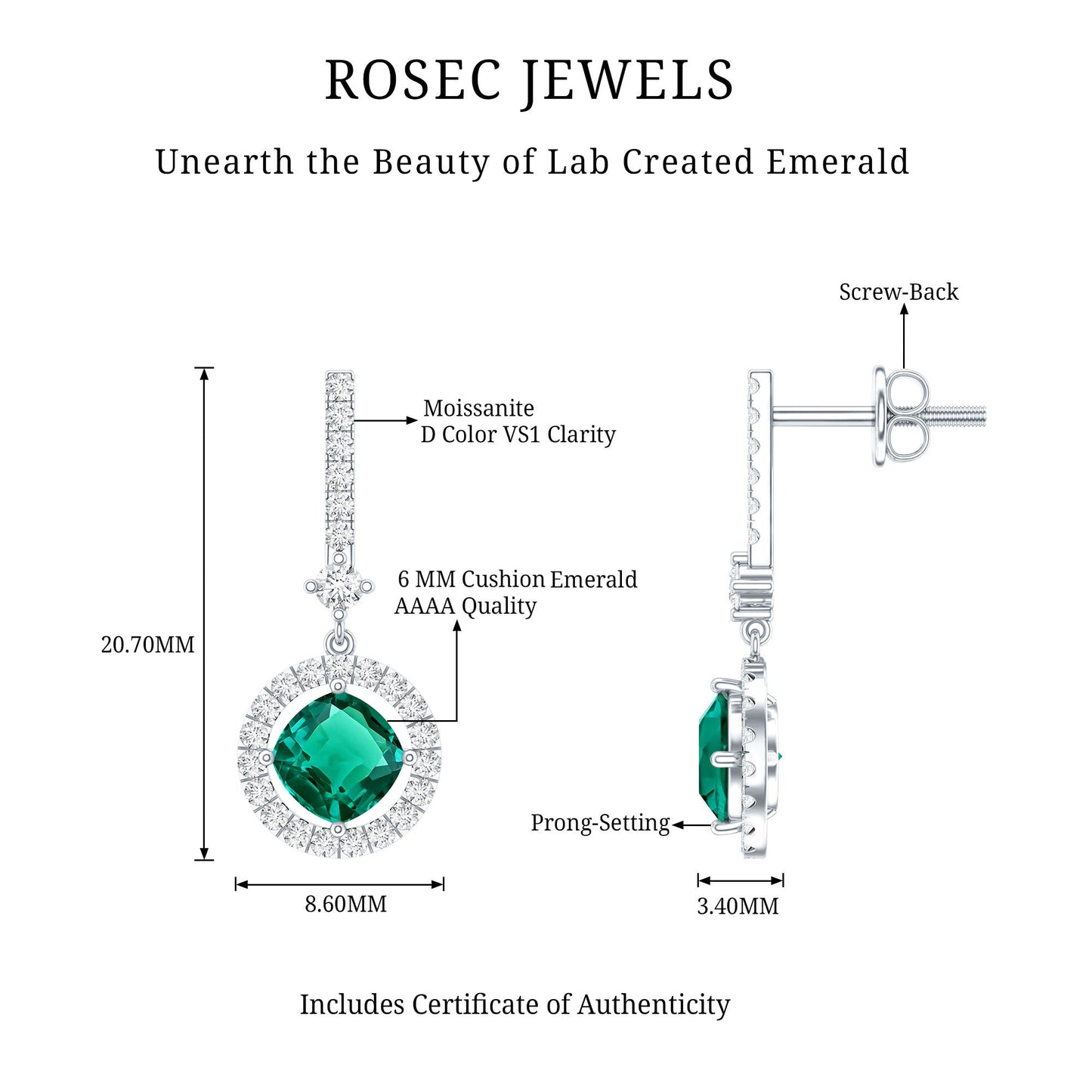 1.8 Carat Lab Grown Emerald Drop Earrings with Moissanite