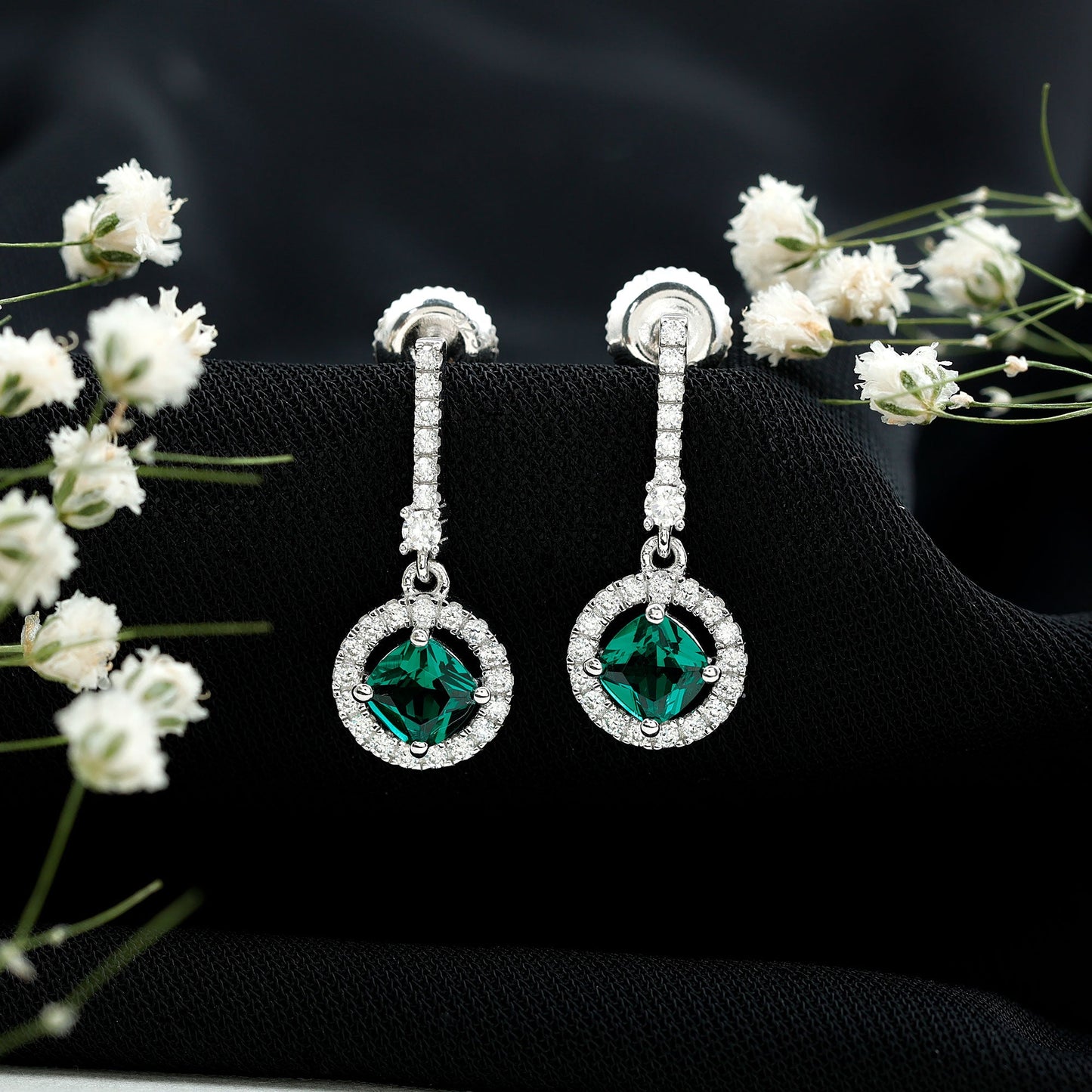 1.8 Carat Lab Grown Emerald Drop Earrings with Moissanite