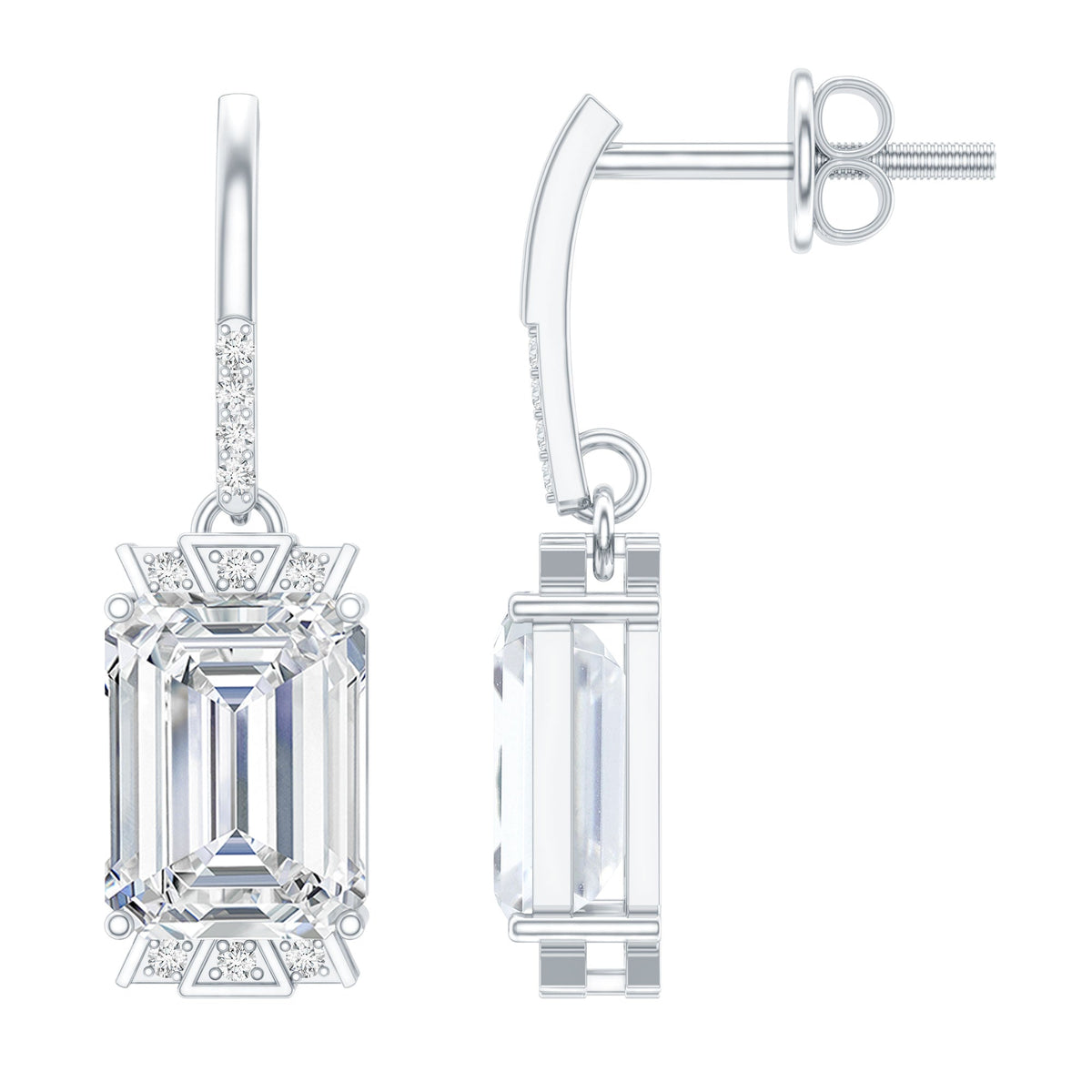 3.5 Carat Emerald Cut Moissanite Drop Earrings for Women in Silver