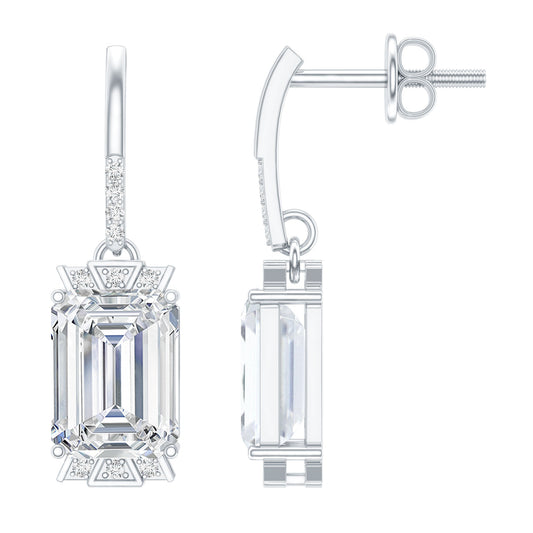 3.5 Carat Emerald Cut Moissanite Drop Earrings for Women in Silver