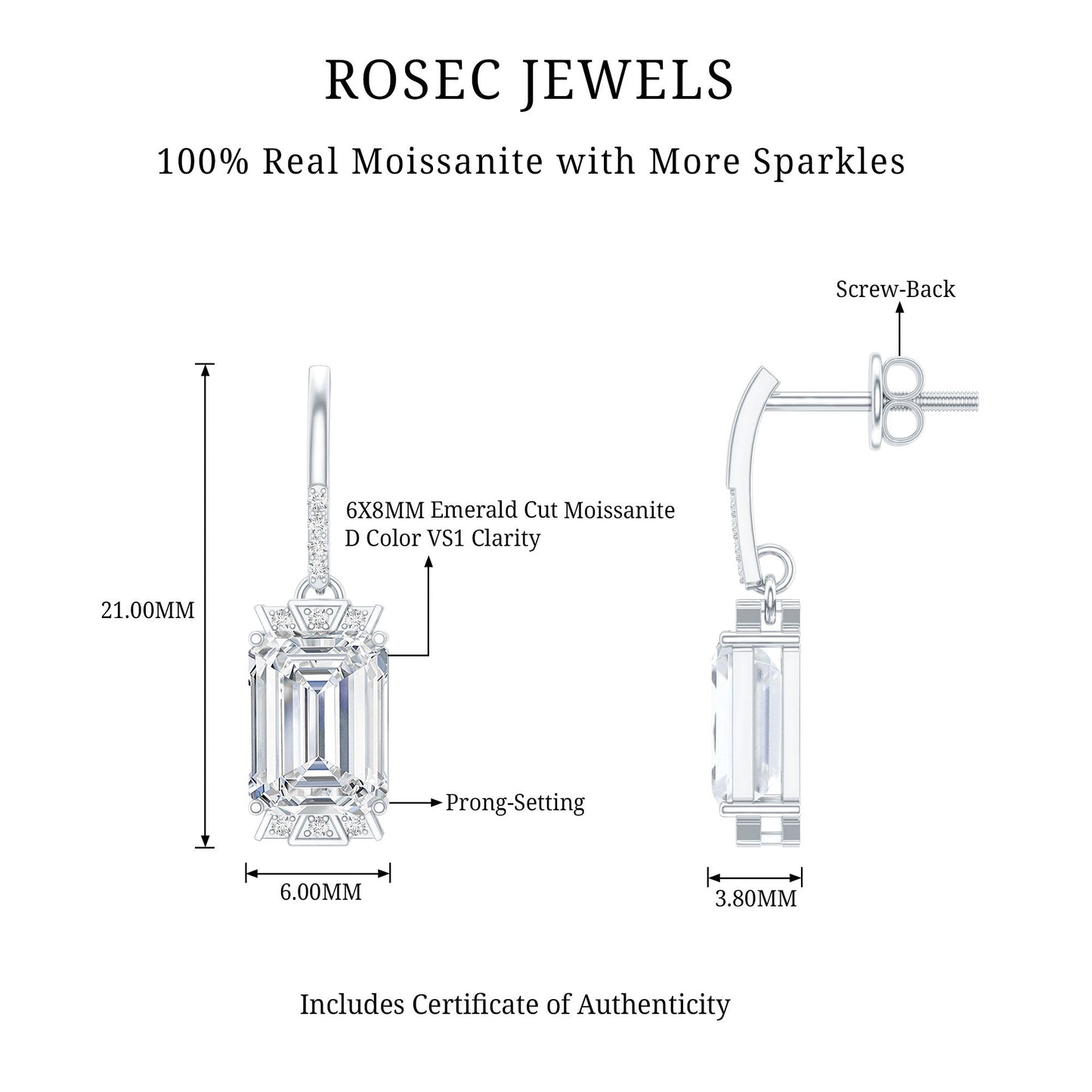 3.5 Carat Emerald Cut Moissanite Drop Earrings for Women