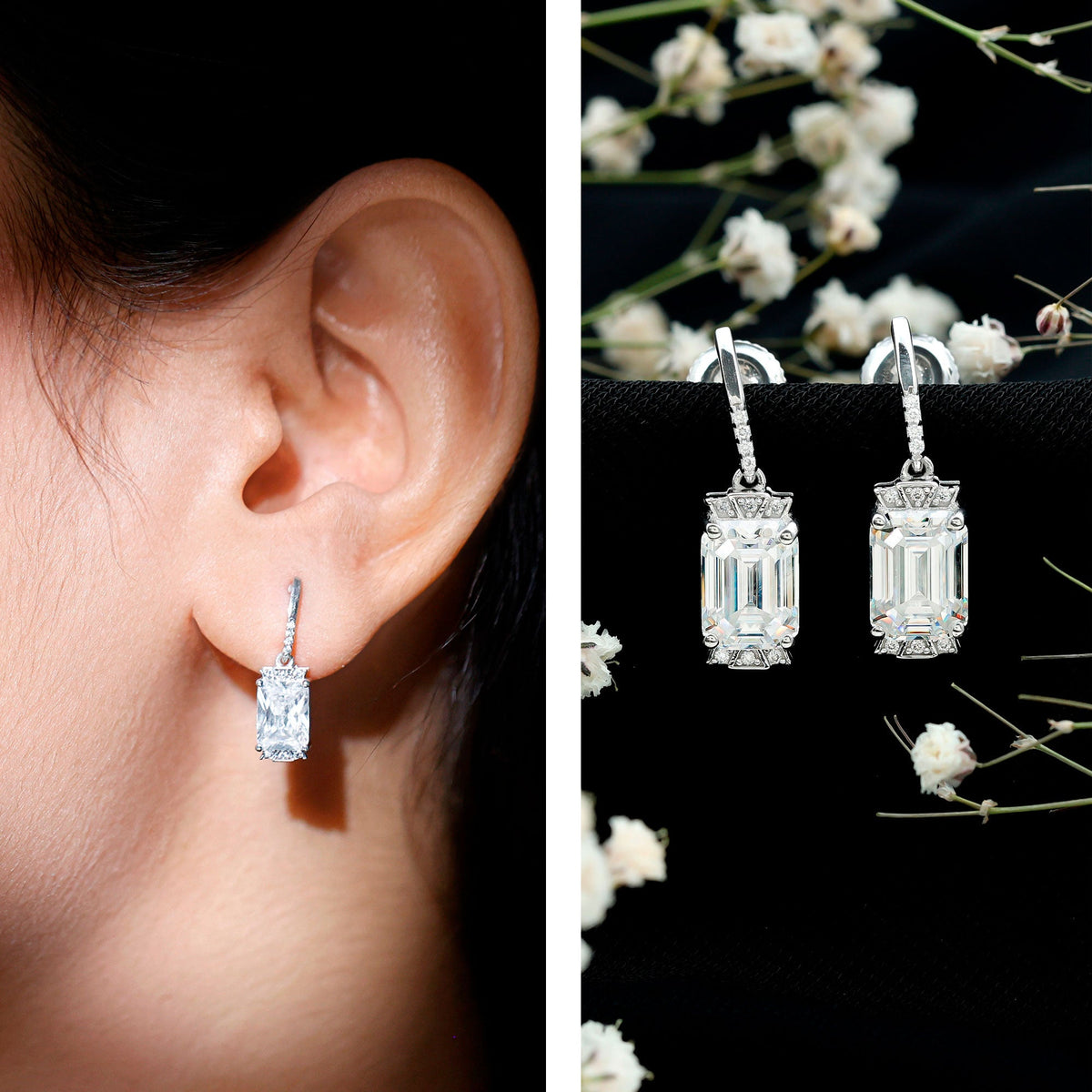3.5 Carat Emerald Cut Moissanite Drop Earrings for Women in Silver