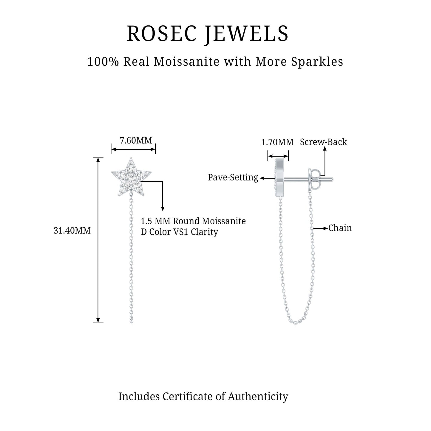 Certified Moissanite Star Chain Earrings For Women