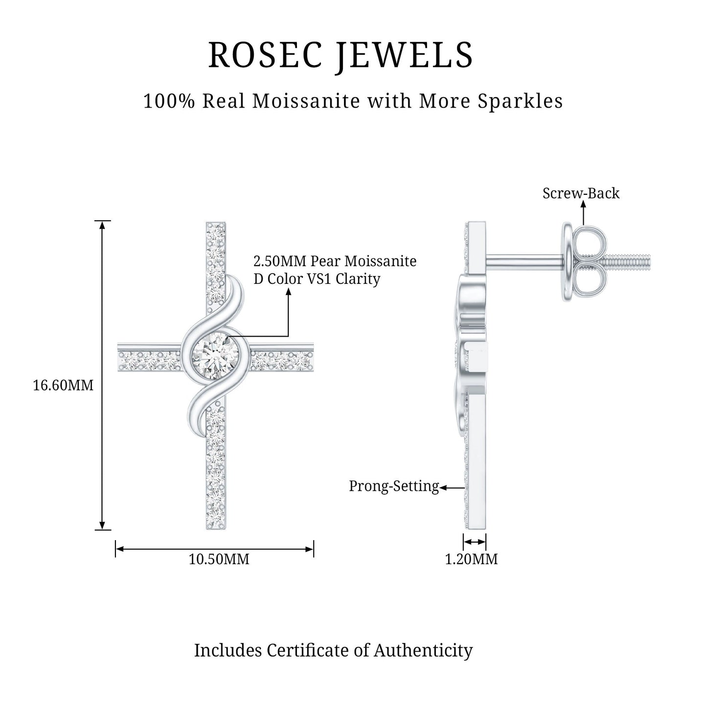 Certified Moissanite Cross Stud Earrings in Silver