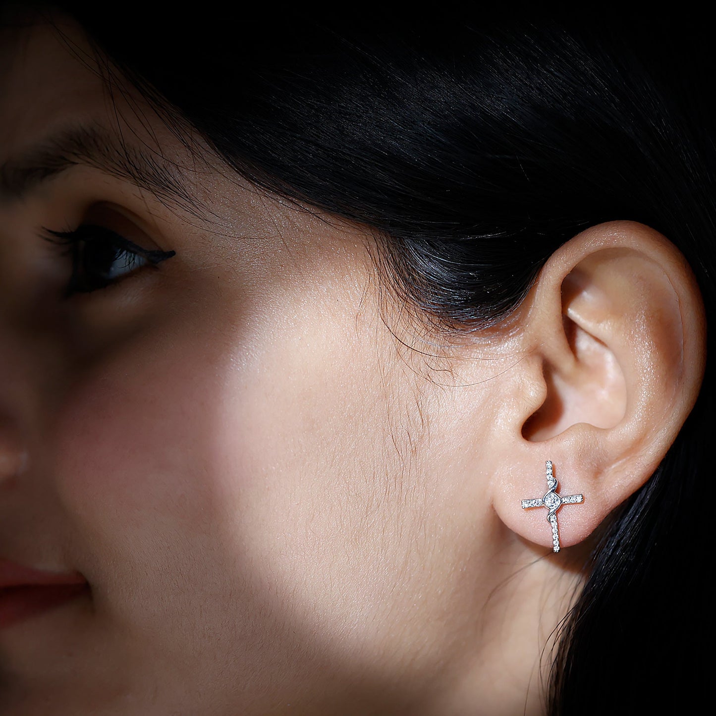 Certified Moissanite Cross Stud Earrings in Silver