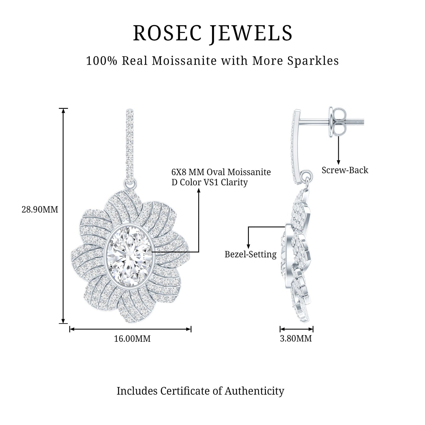 Bezel Set 2.5 Carat Oval Moissanite Flower Drop Earrings