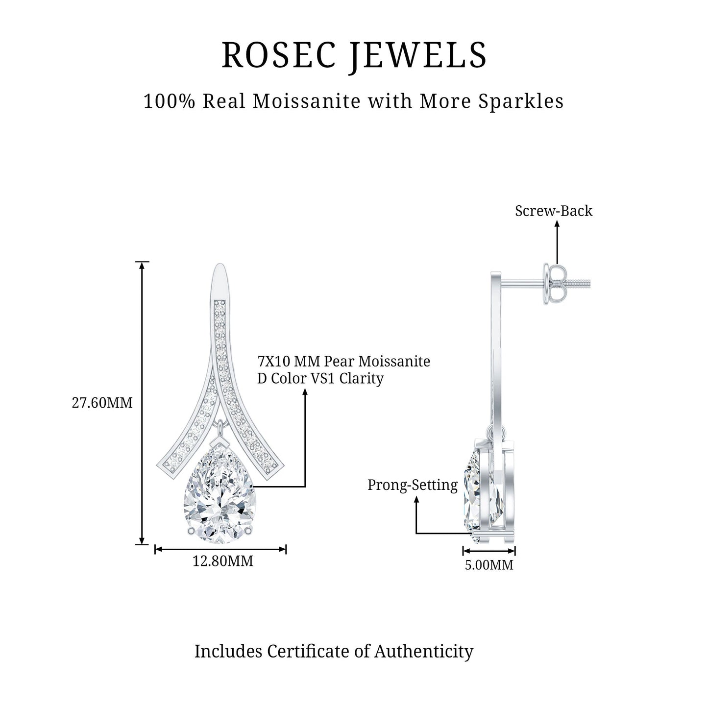 Pear Shaped 4 Carat Moissanite Dangle Drop Earrings for Wedding