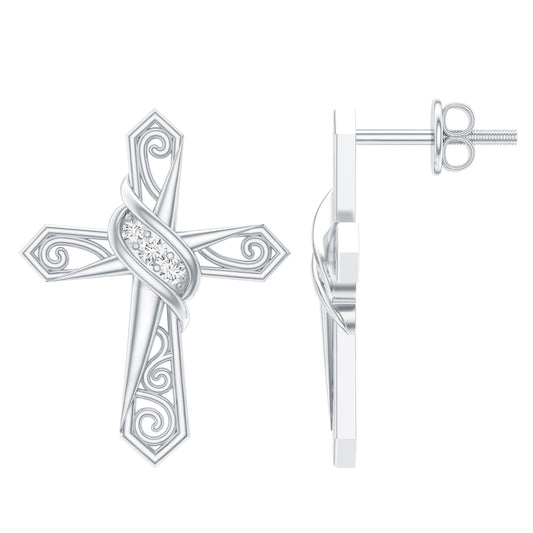 Certified Moissanite Vintage Cross Stud Earrings in Silver