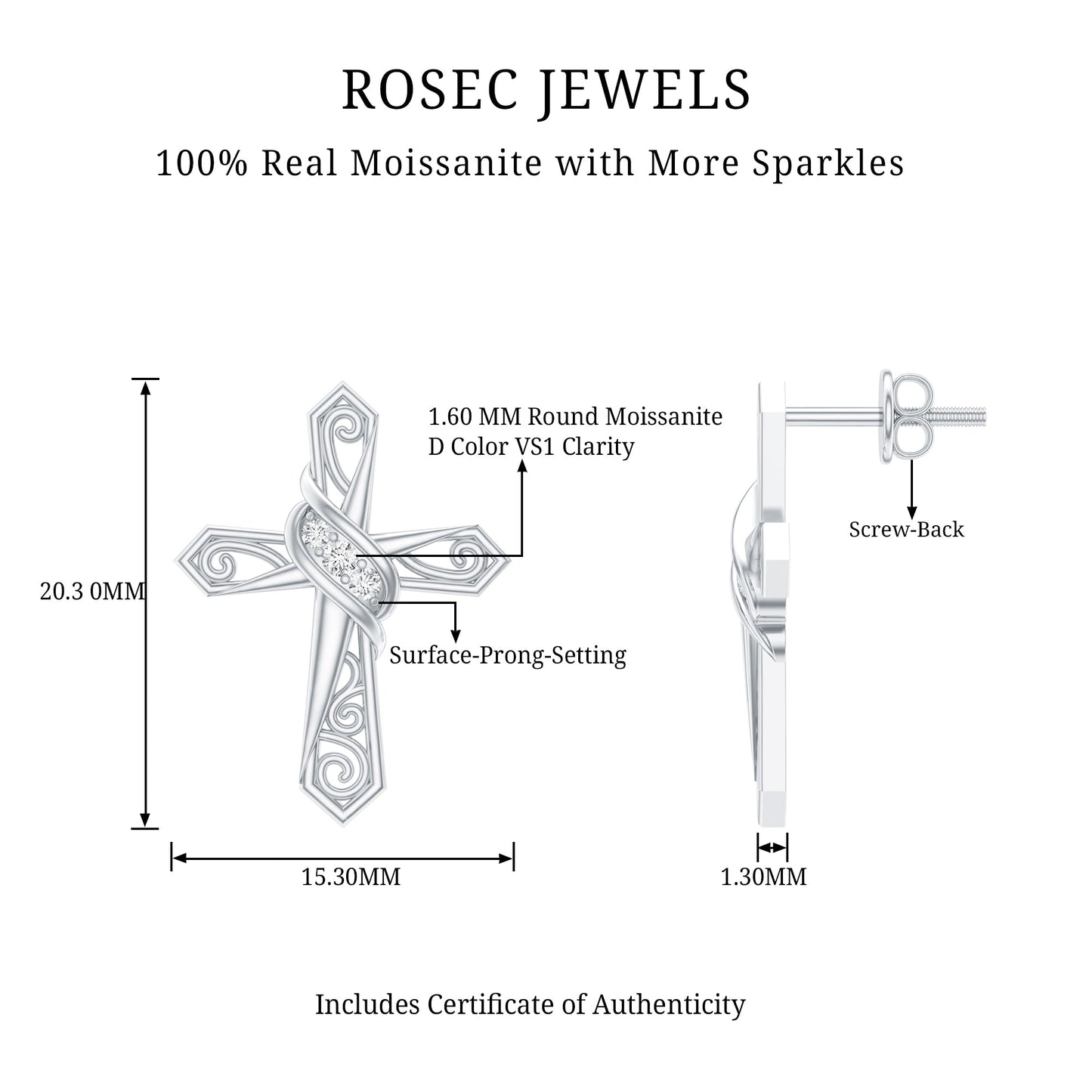 Certified Moissanite Vintage Cross Stud Earrings in Silver