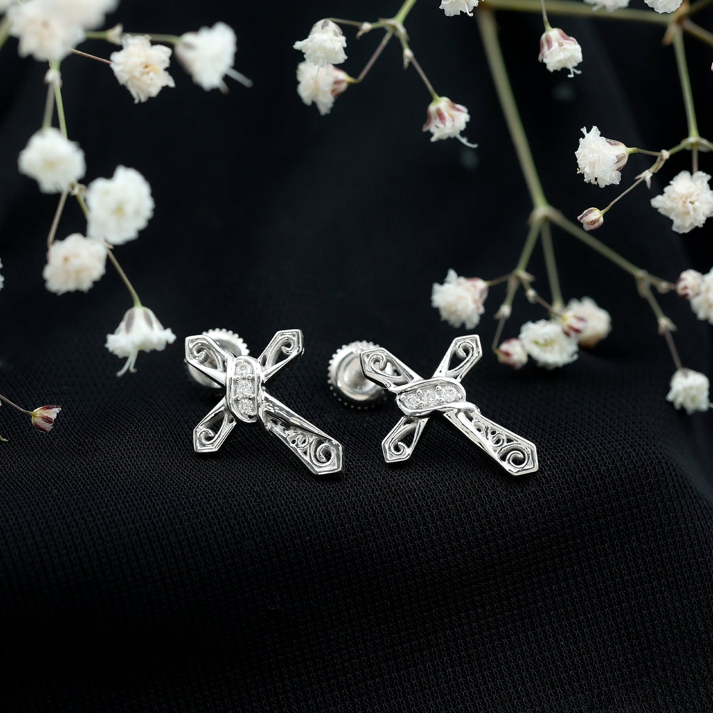 Certified Moissanite Vintage Cross Stud Earrings in Silver