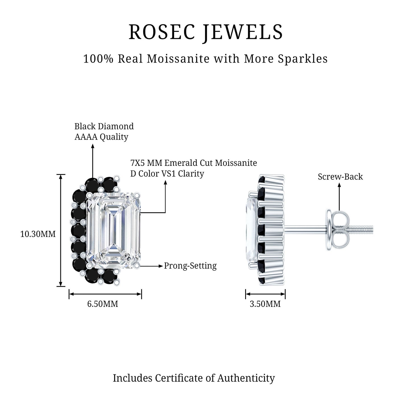 Certified 3.4 Carat Moissanite Stud Earrings with Lab Grown Black Diamond