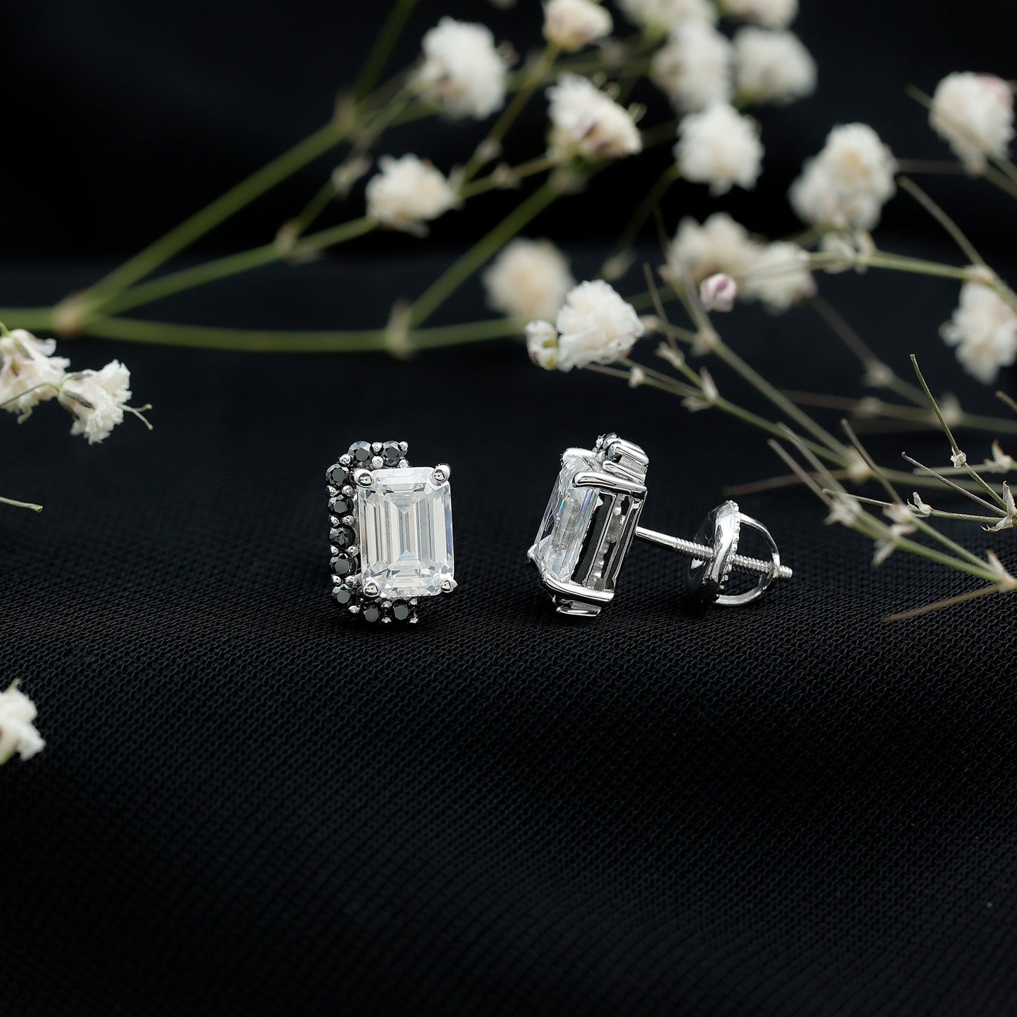 Certified 3.4 Carat Moissanite Stud Earrings with Lab Grown Black Diamond