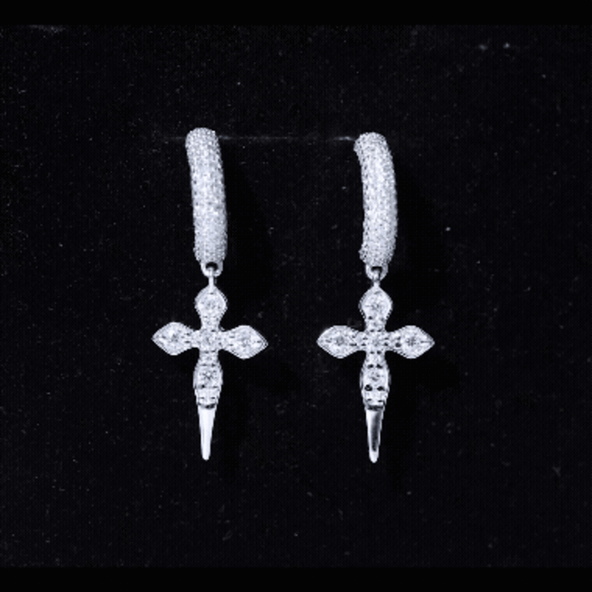 Vintage Inspired Moissanite Cross Dangle Earrings in Silver