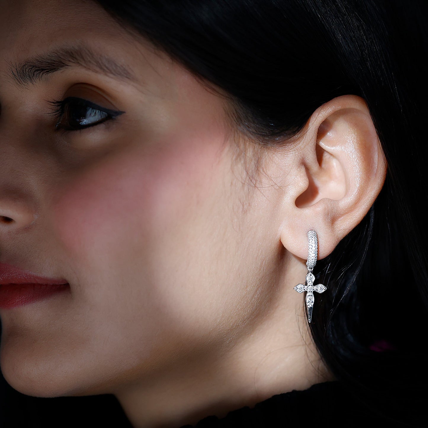 Vintage Inspired Moissanite Cross Dangle Earrings in Silver