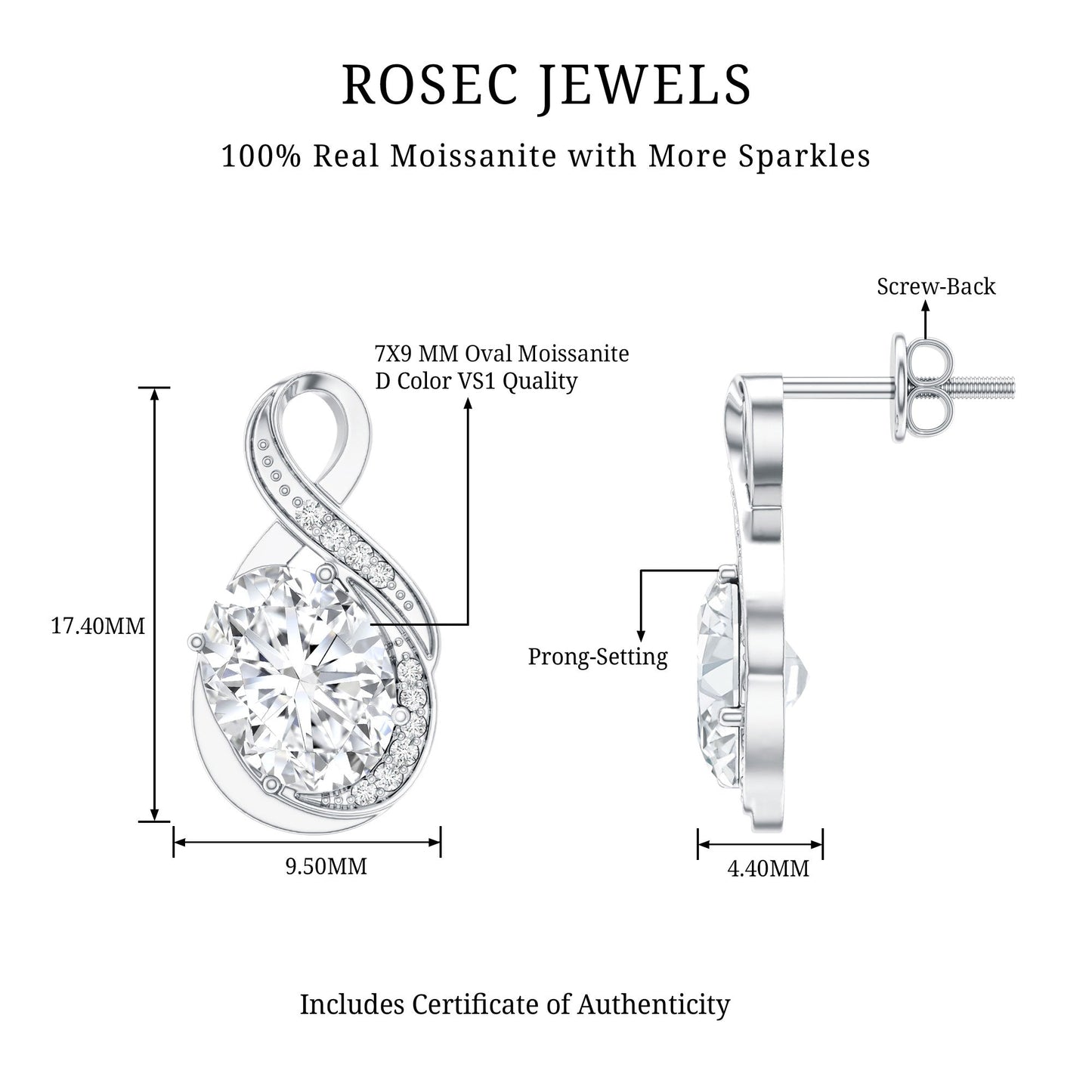 4 Carat Oval Cut Moissanite Infinity Stud Earrings in Silver