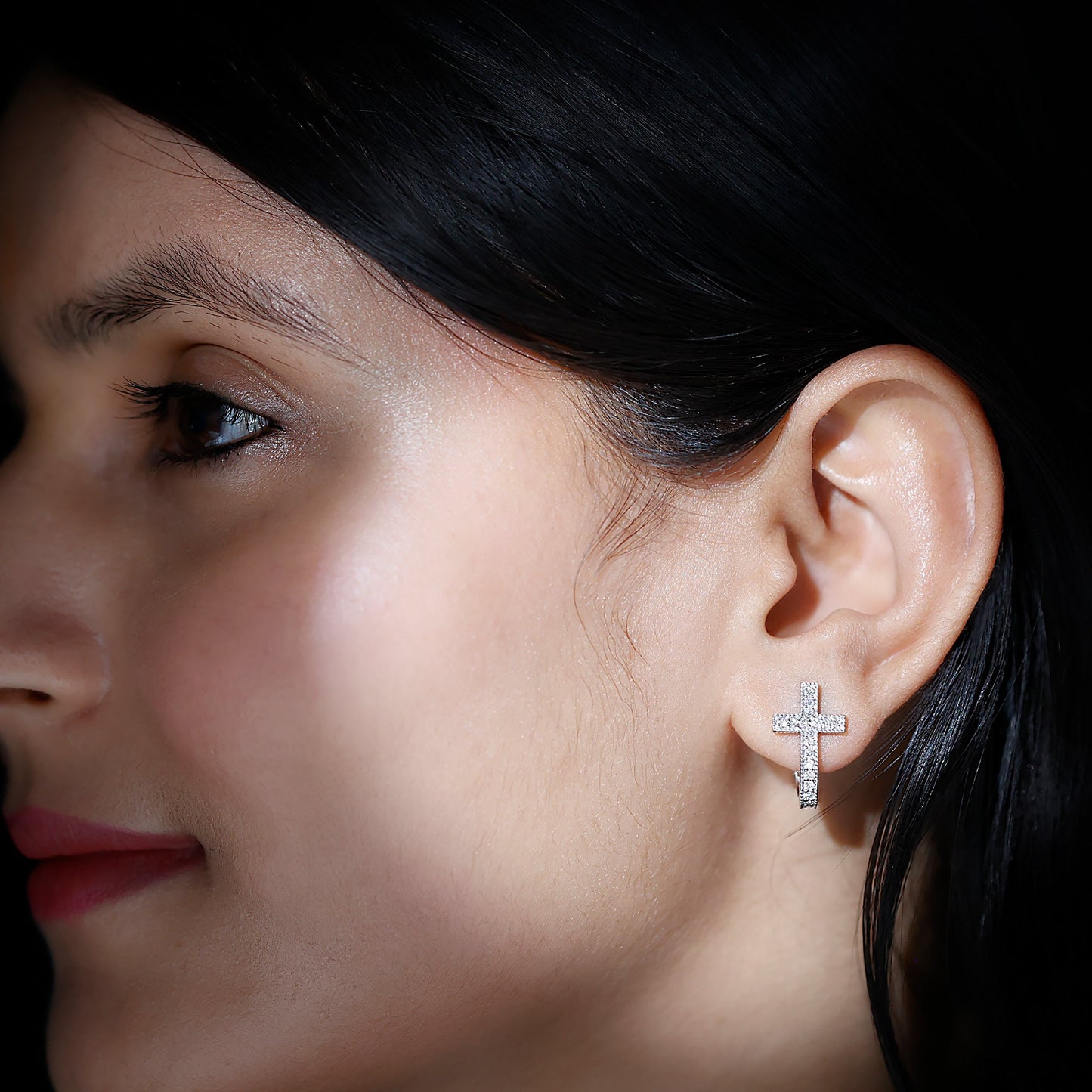 Certified Moissanite Cross J Hoop Earrings in Sterling Silver