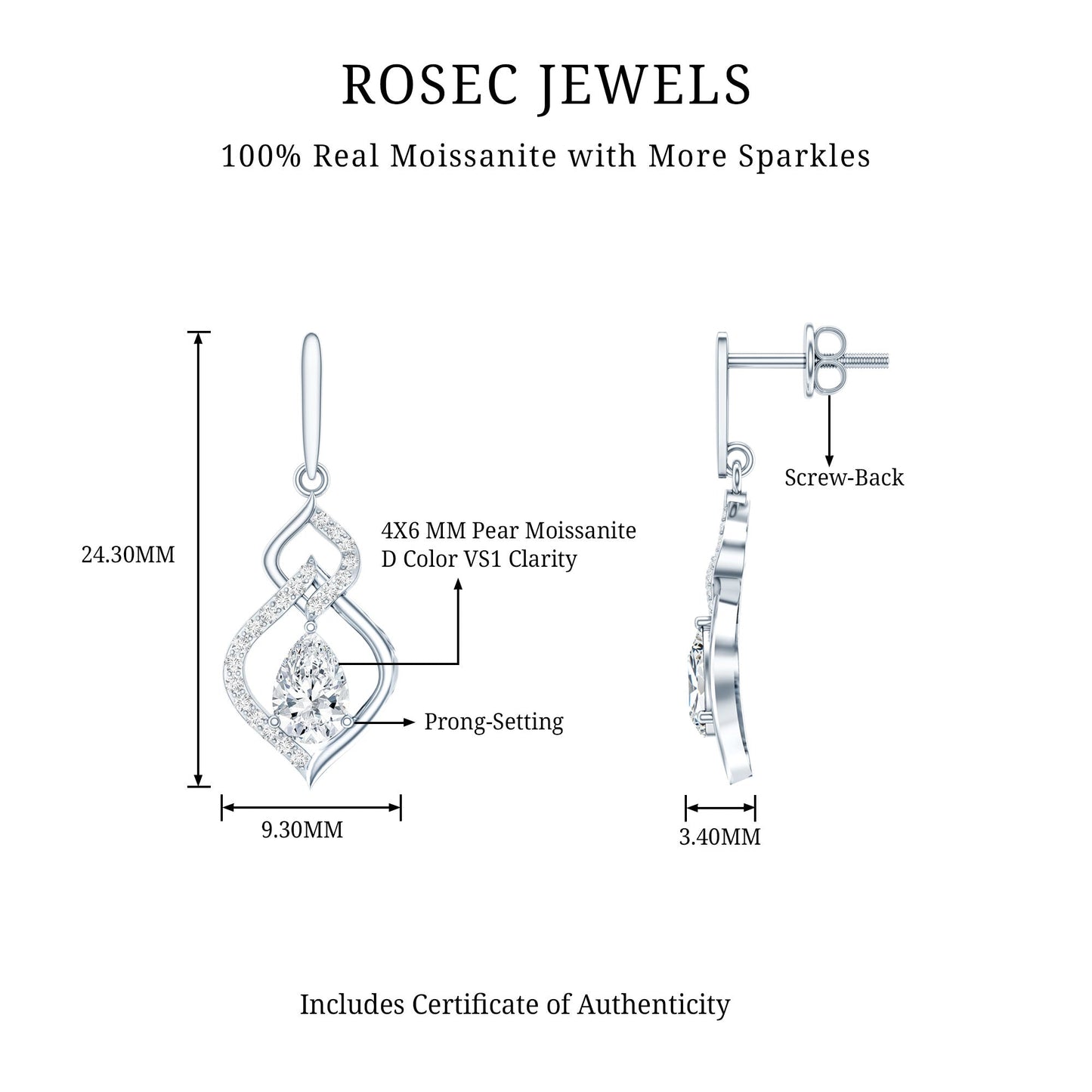 Certified 1 Carat Pear Shaped Moissanite Dangle Earrings for Wedding