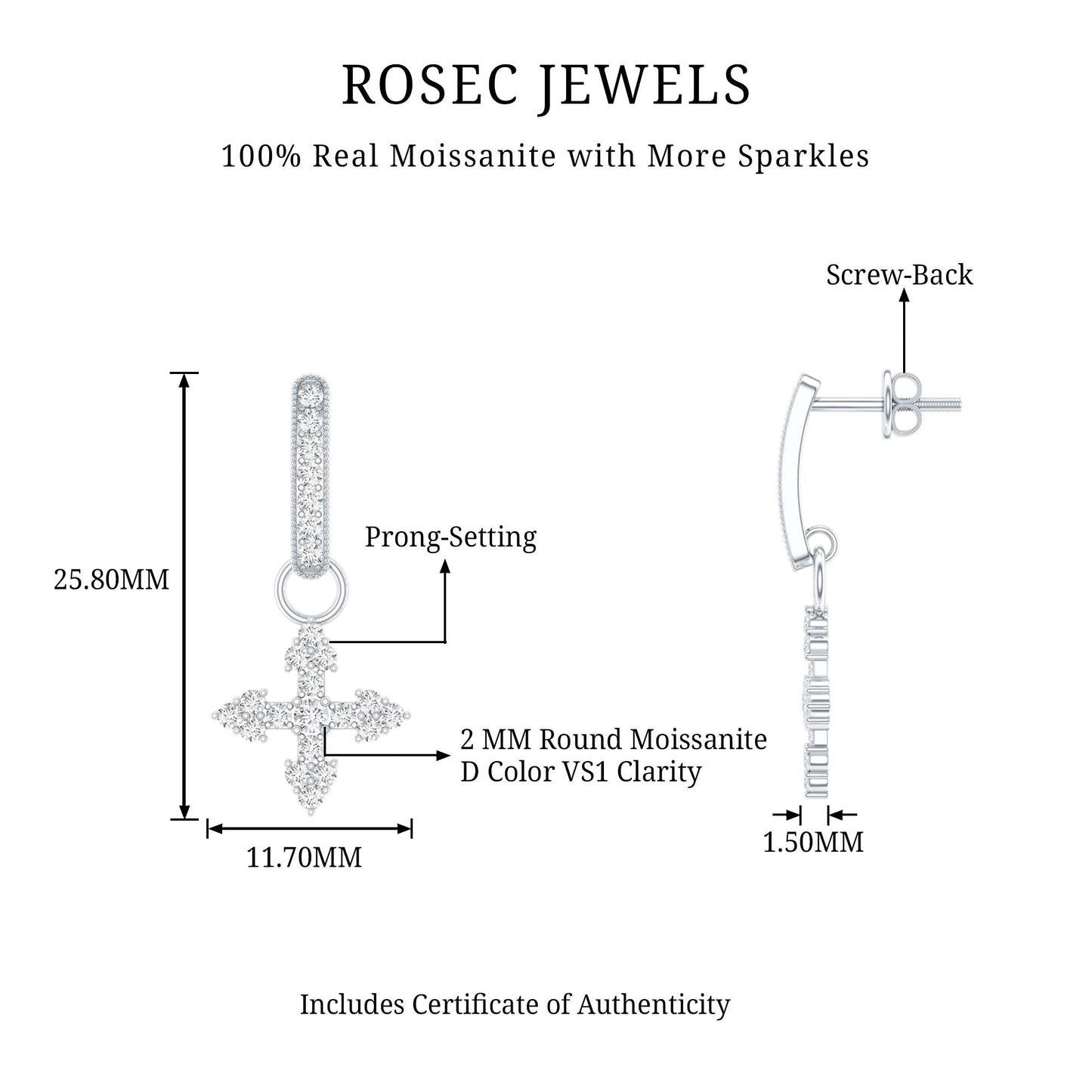 Certified Moissanite Cross Drop Earrings in Sterling Silver