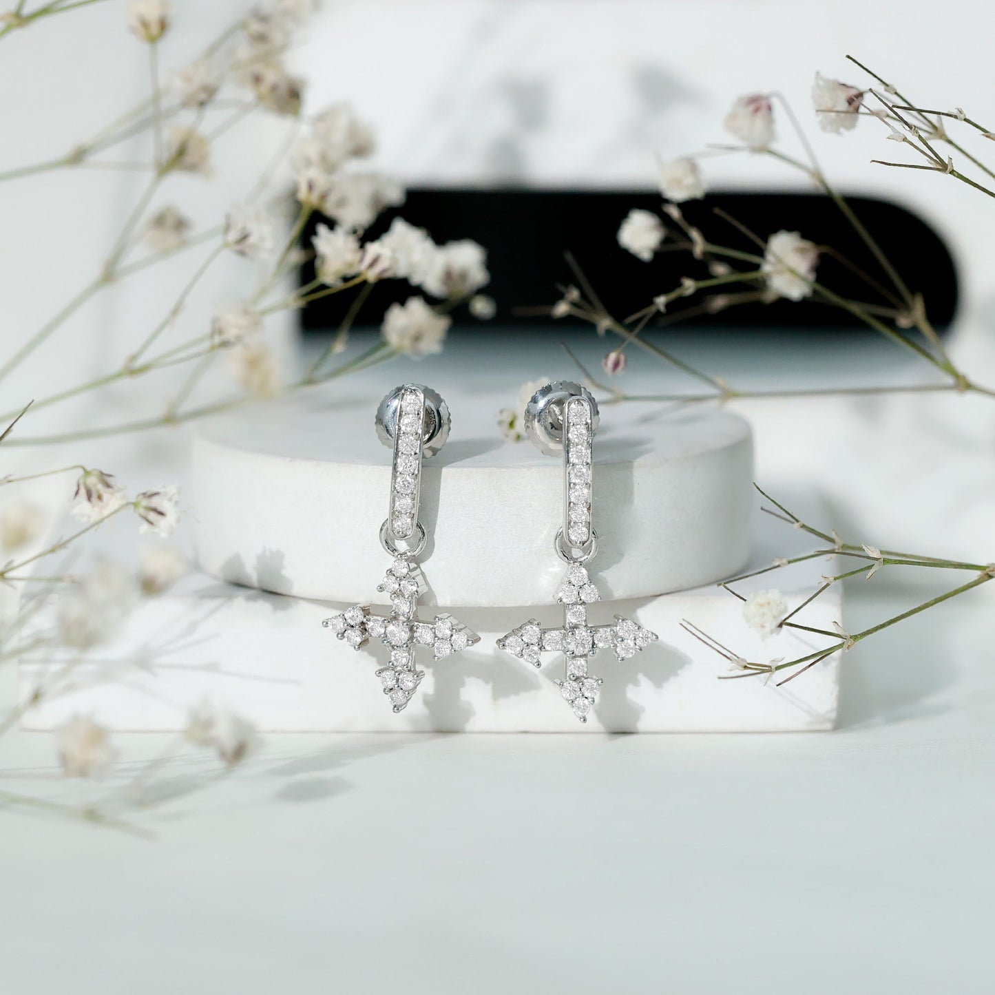Certified Moissanite Cross Drop Earrings in Sterling Silver