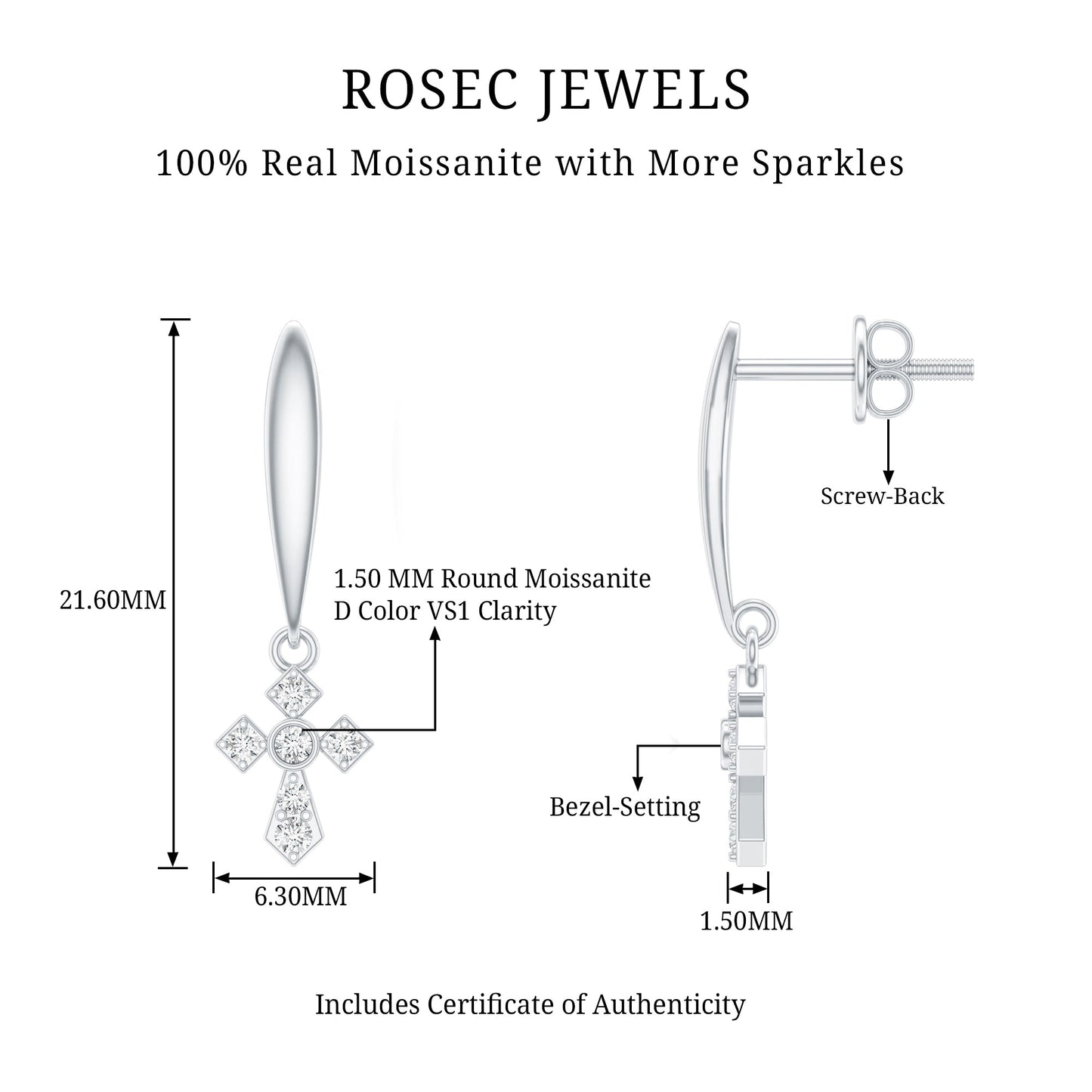 Minimalist Moissanite Cross Drop Earrings in Sterling Silver