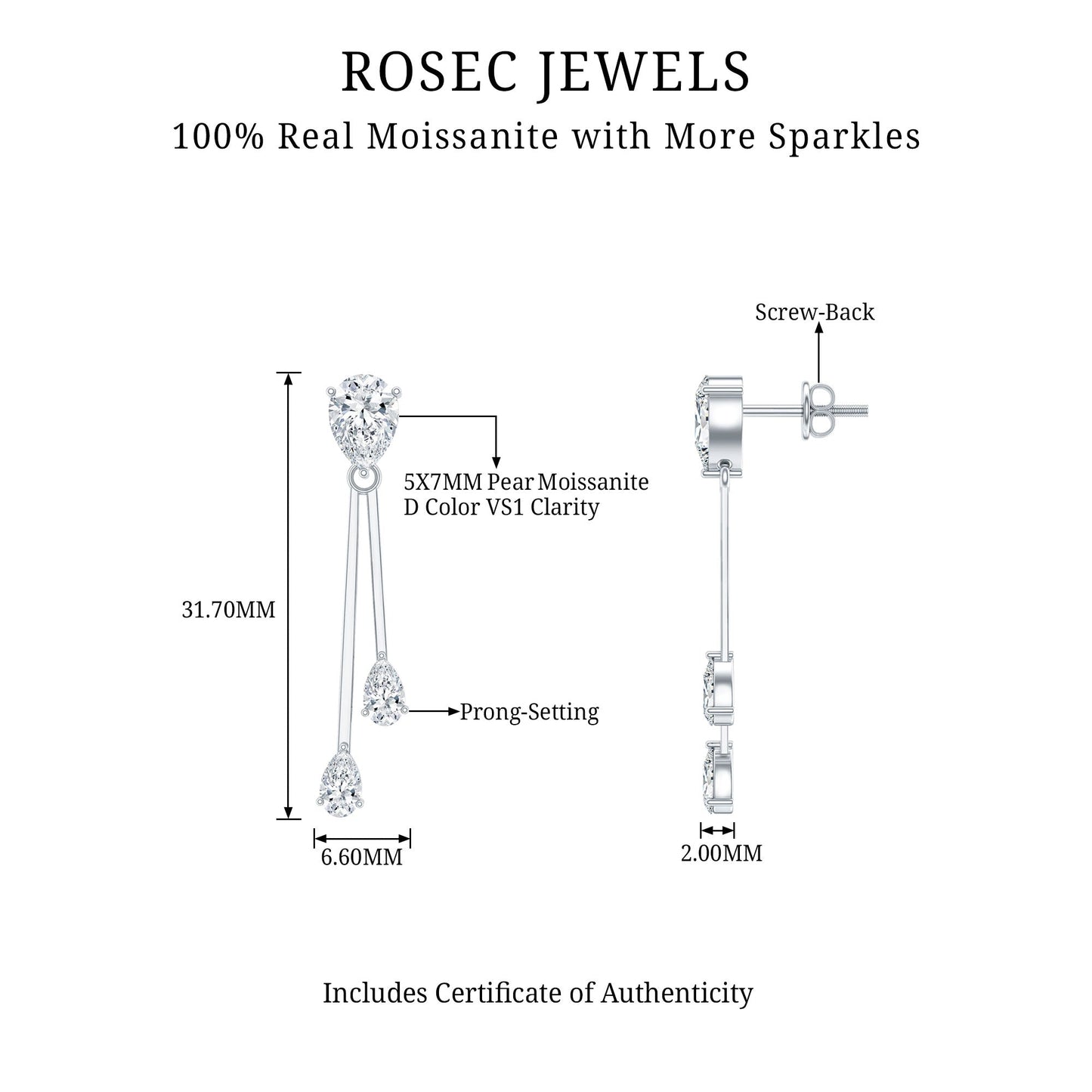 Certified Moissanite Bar Dangle Earrings in Sterling Silver