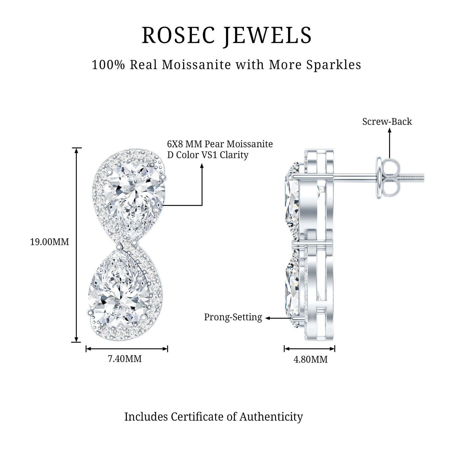 5 Carat Designer Moissanite Big Stud Earrings with Certificate