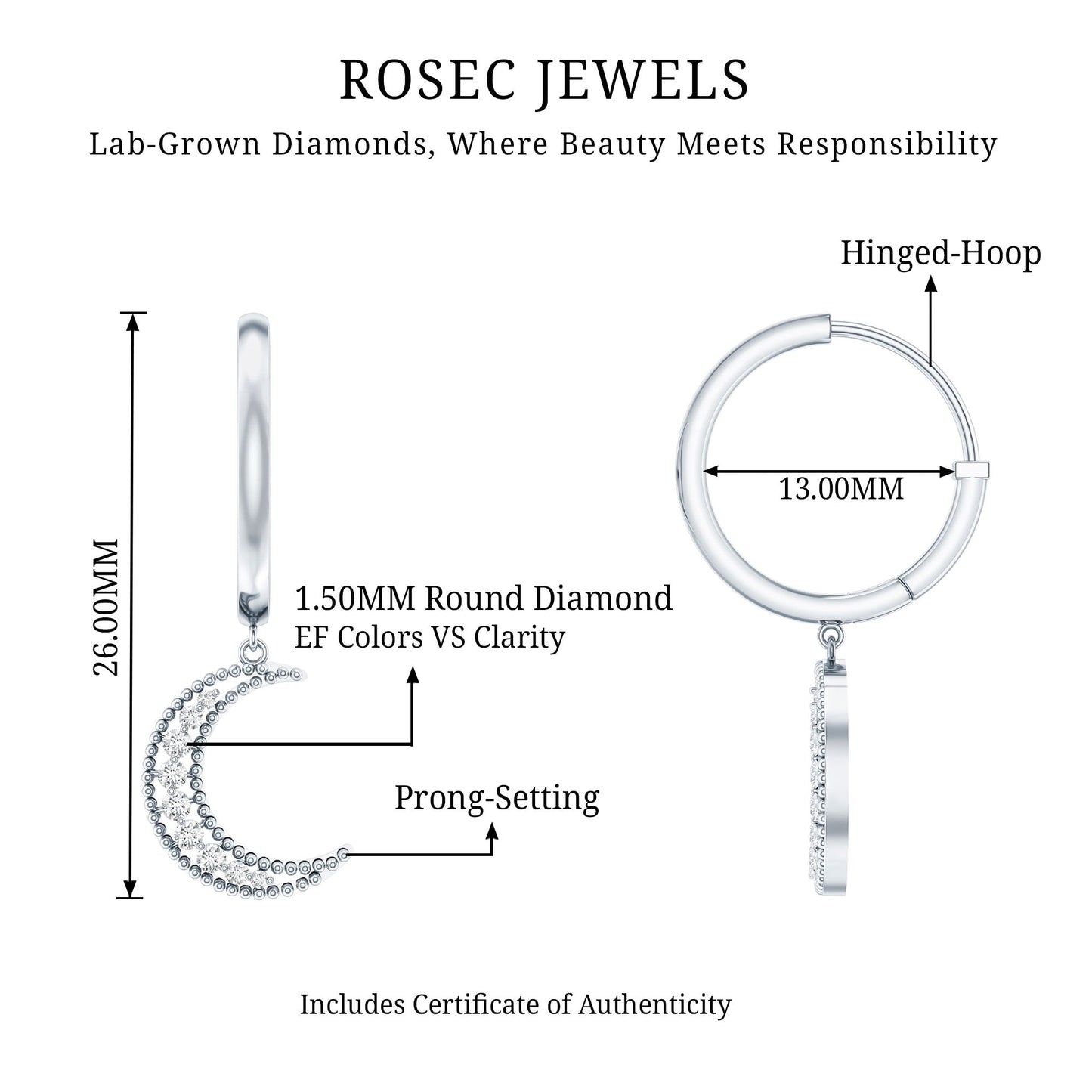 Certified Diamond Moon Drop Hoop Earrings