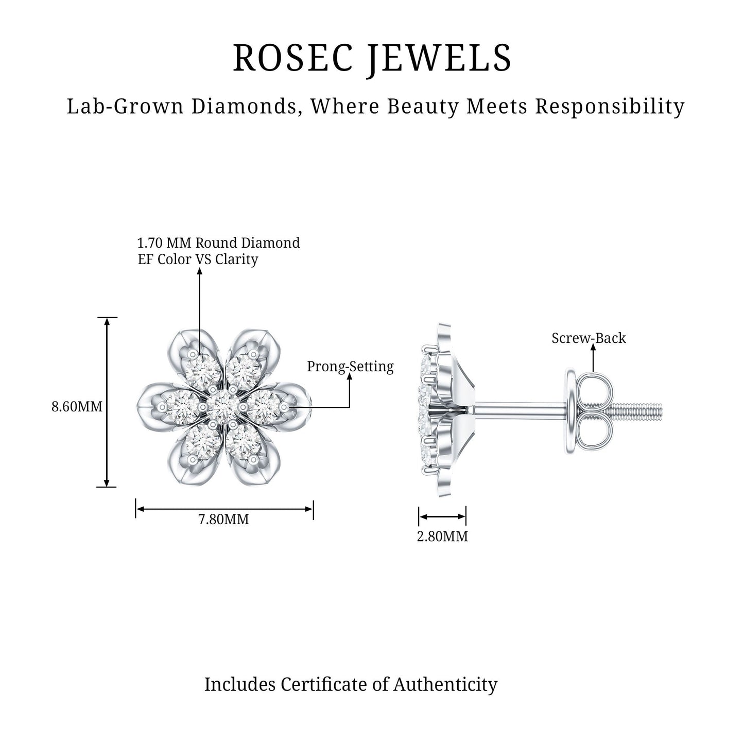 Brilliant Cut Diamond Flower Stud Earrings with Screw Back