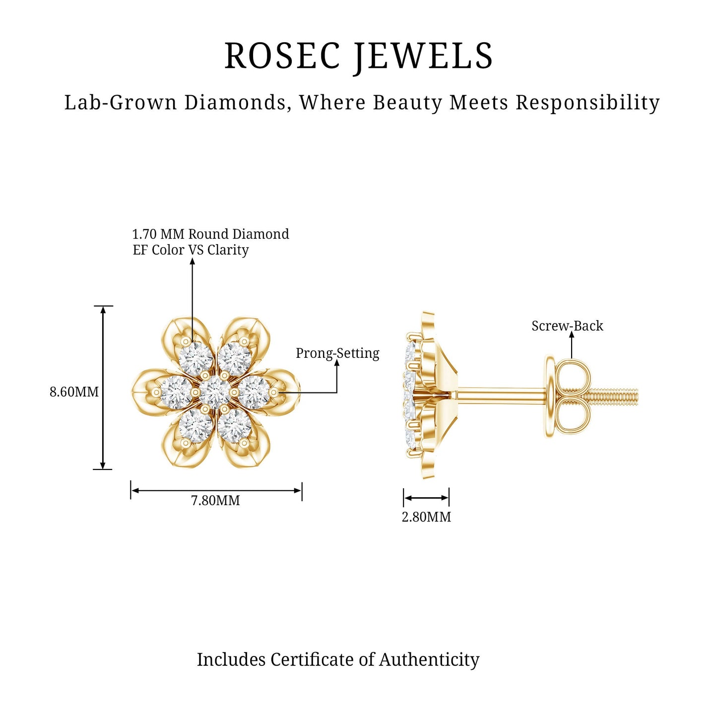 Brilliant Cut Diamond Flower Stud Earrings with Screw Back